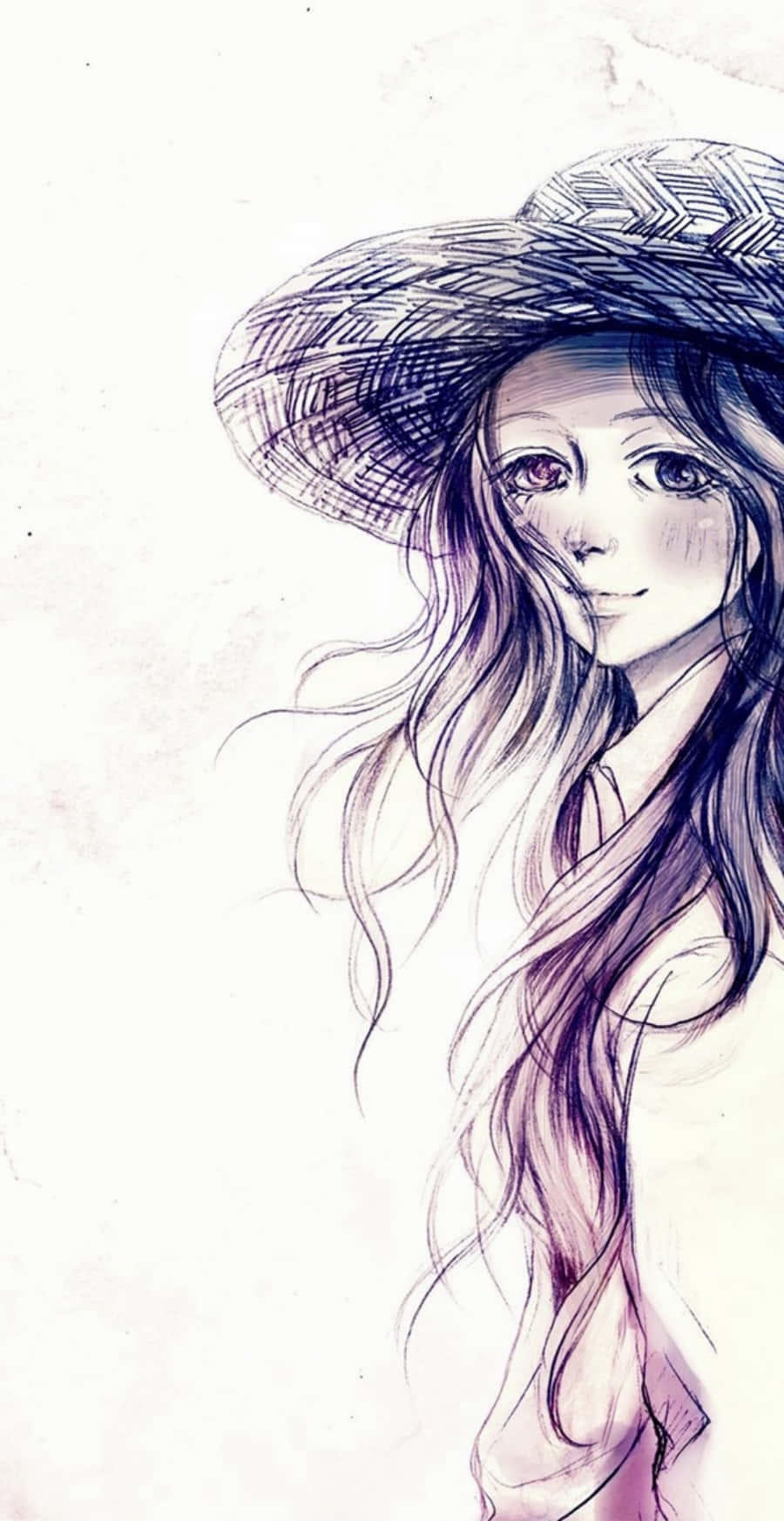 動漫繪圖 桌布 壁紙 — 一位精緻的動漫女孩，長髮飄逸，戴著寬邊帽，在紋理白色背景上柔和地凝視。