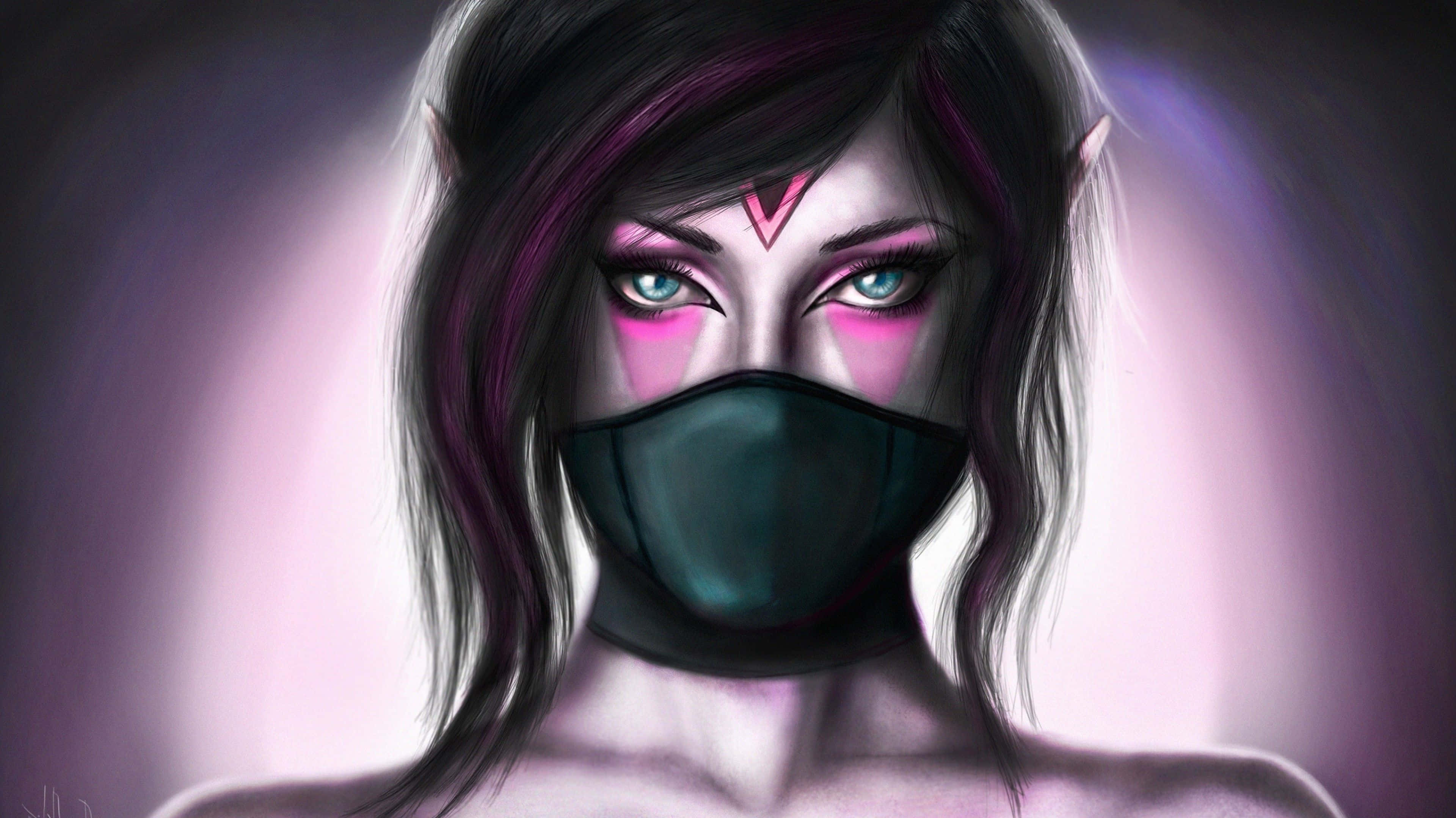 Templar Assassin 桌布 壁紙 — 一位精靈女性的數位肖像，擁有發光的藍色眼睛和紫色頭髮，戴著深色面具，背景是柔和的粉紅色和紫色漸層。