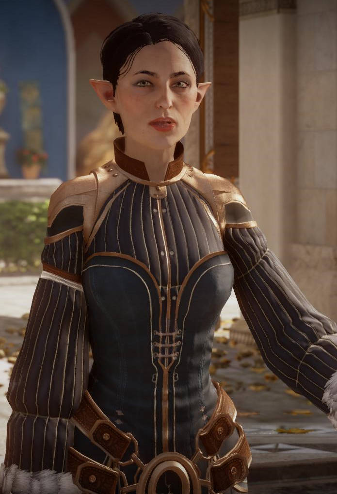 Dragon Age 桌布 壁紙 — 一位精靈女性身穿華麗的深藍色和金色盔甲，站在陽光普照的石頭庭院中，落葉遍地。