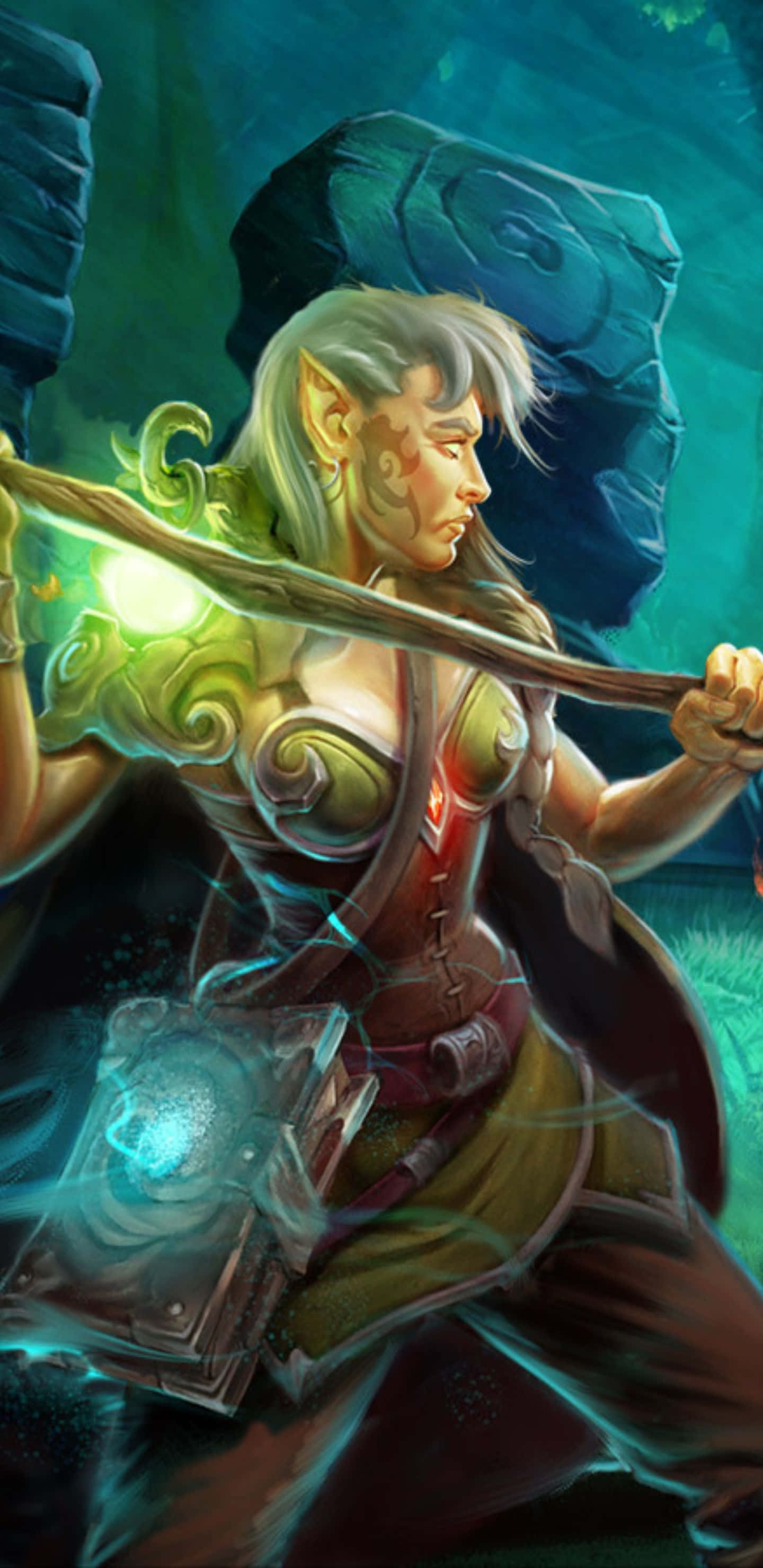 Pixel 3xl Runescape 桌布 壁紙 — 一位精靈戰士帶著發光的綠色魔法，在暮色下的神秘森林空地上揮舞著法杖。