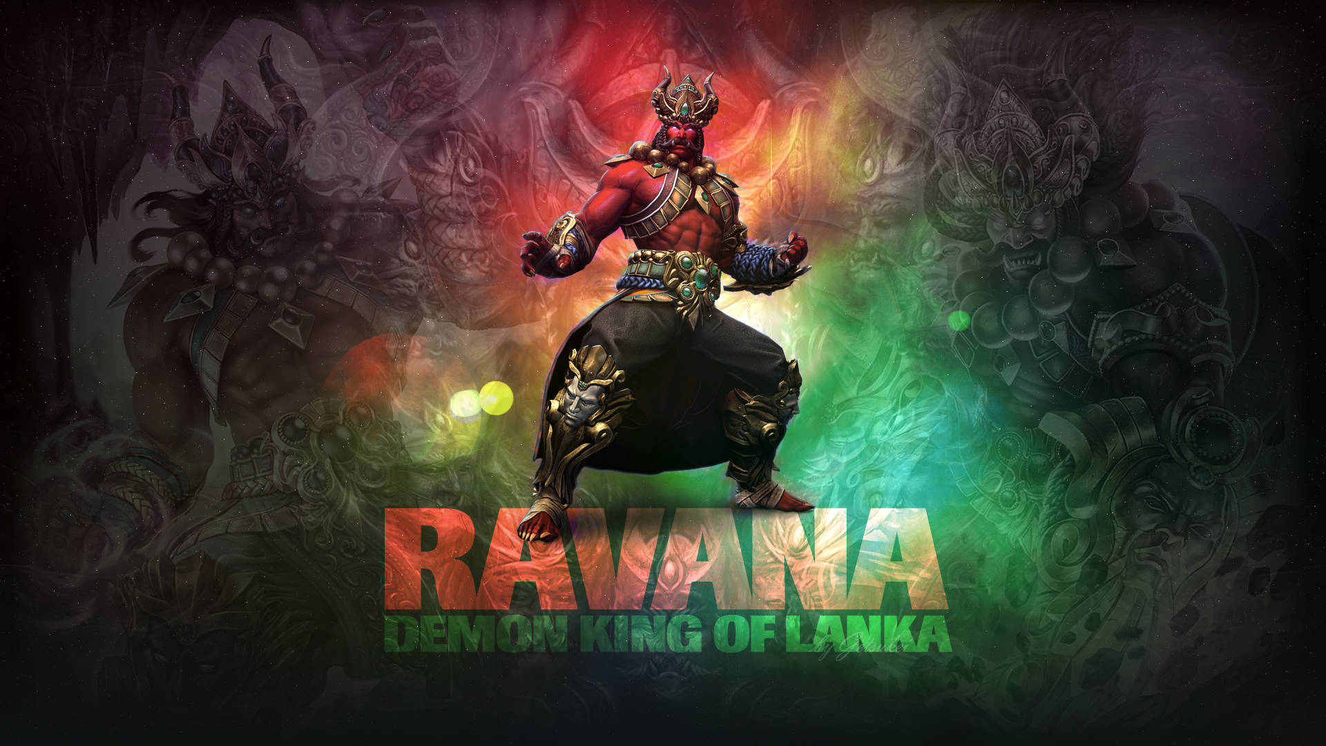 Ravana 桌布 壁紙 — 一位紅皮膚的魔王身穿華麗盔甲，在黑暗背景下動態站立，帶有發光的綠色和紅色能量效果。