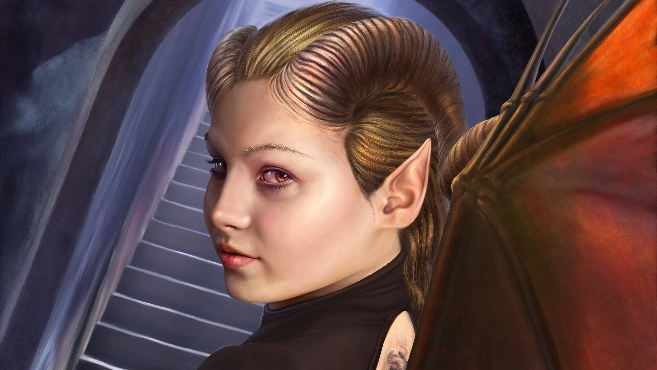 Succubus 桌布 壁紙 — 一位紅眼、擁有蝙蝠翅膀的精靈女性的數位肖像，在未來主義隧道中若有所思地凝視。