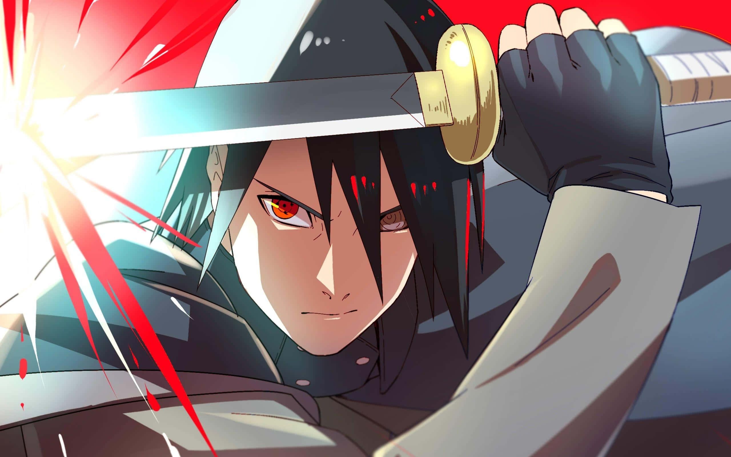 Rinnegan 桌布 壁紙 — 一位紅眼動漫戰士在揮劍途中緊握劍柄，明亮的光線和紅色能量條紋劃過畫面。