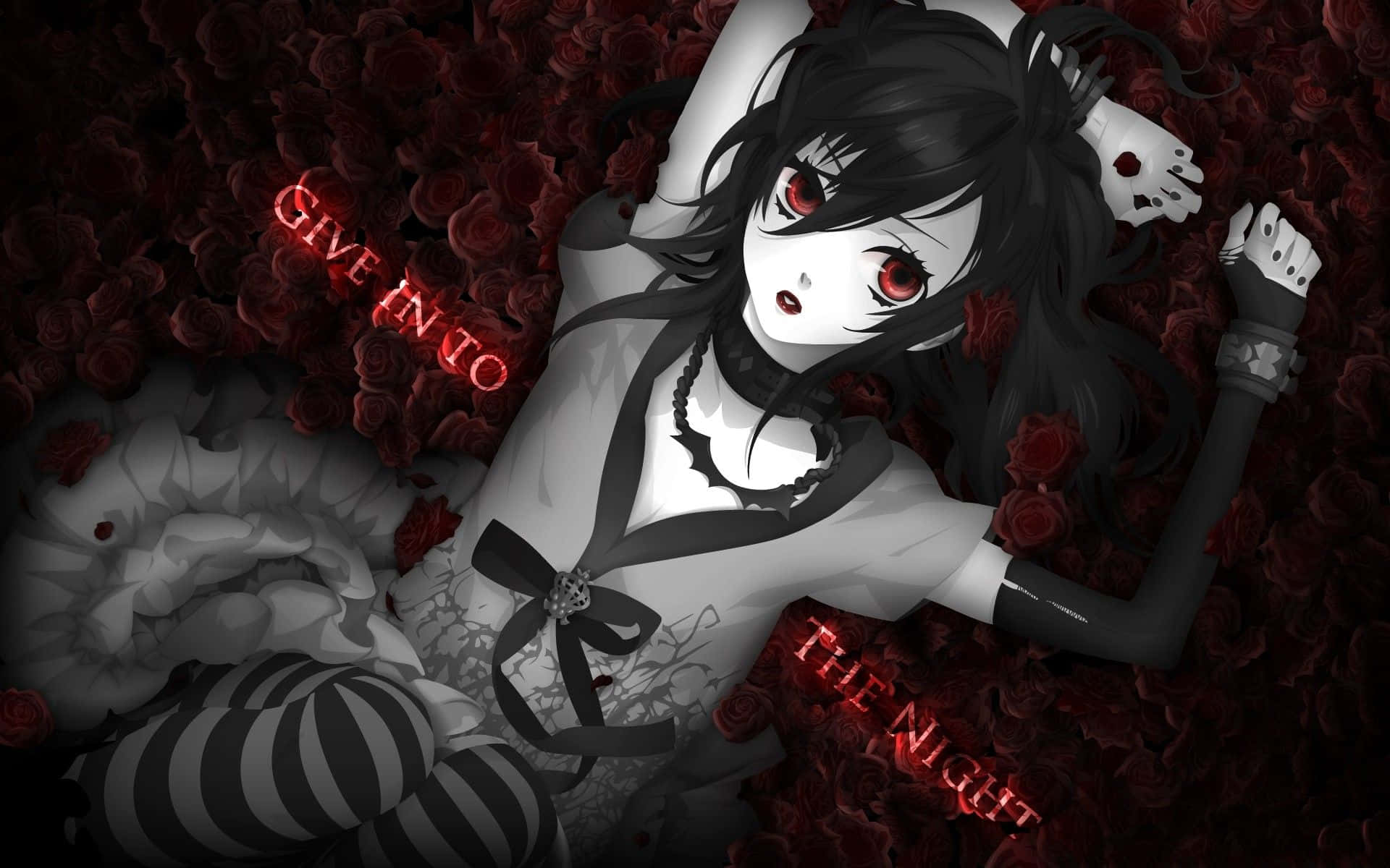 Gothic Anime 桌布 壁紙 — 一位紅眼哥德動漫女孩躺在深紅玫瑰中，帶有發光紅色文字寫著「GIVE INTO THE NIGHT」。