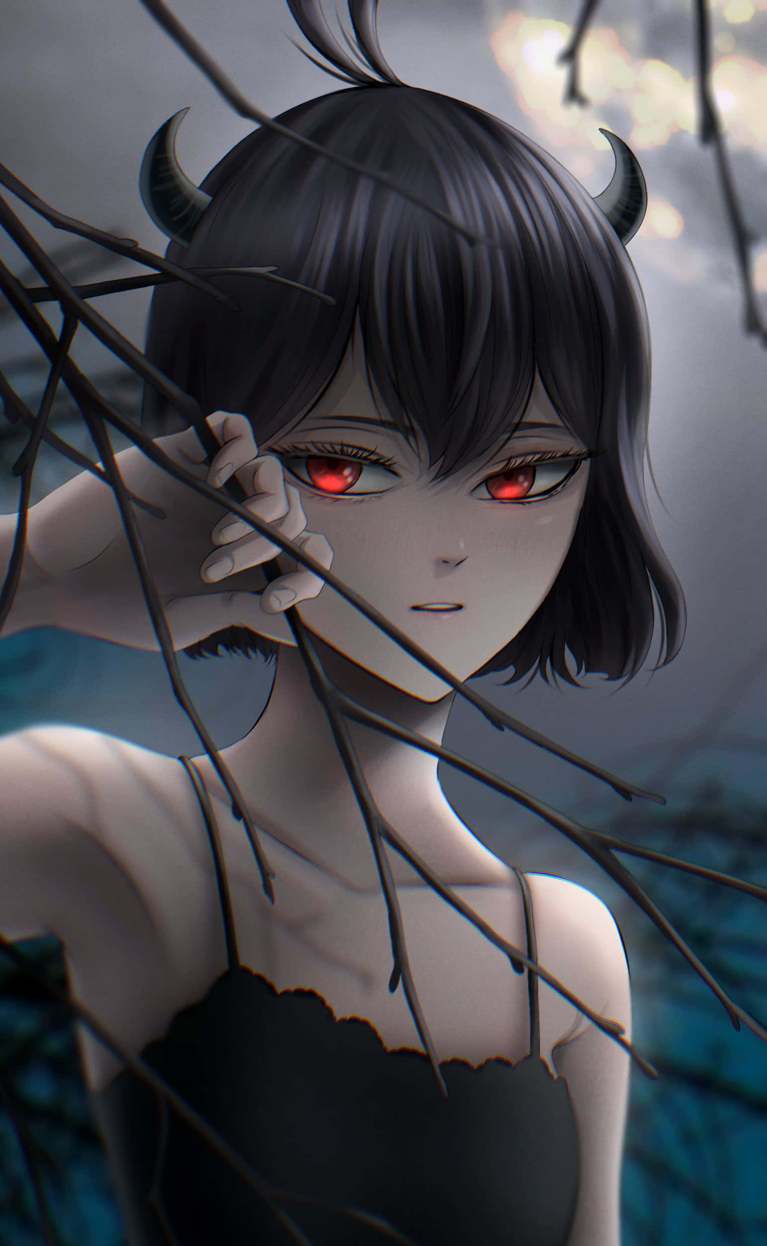 一位紅眼帶角的女孩站在樹上 壁紙