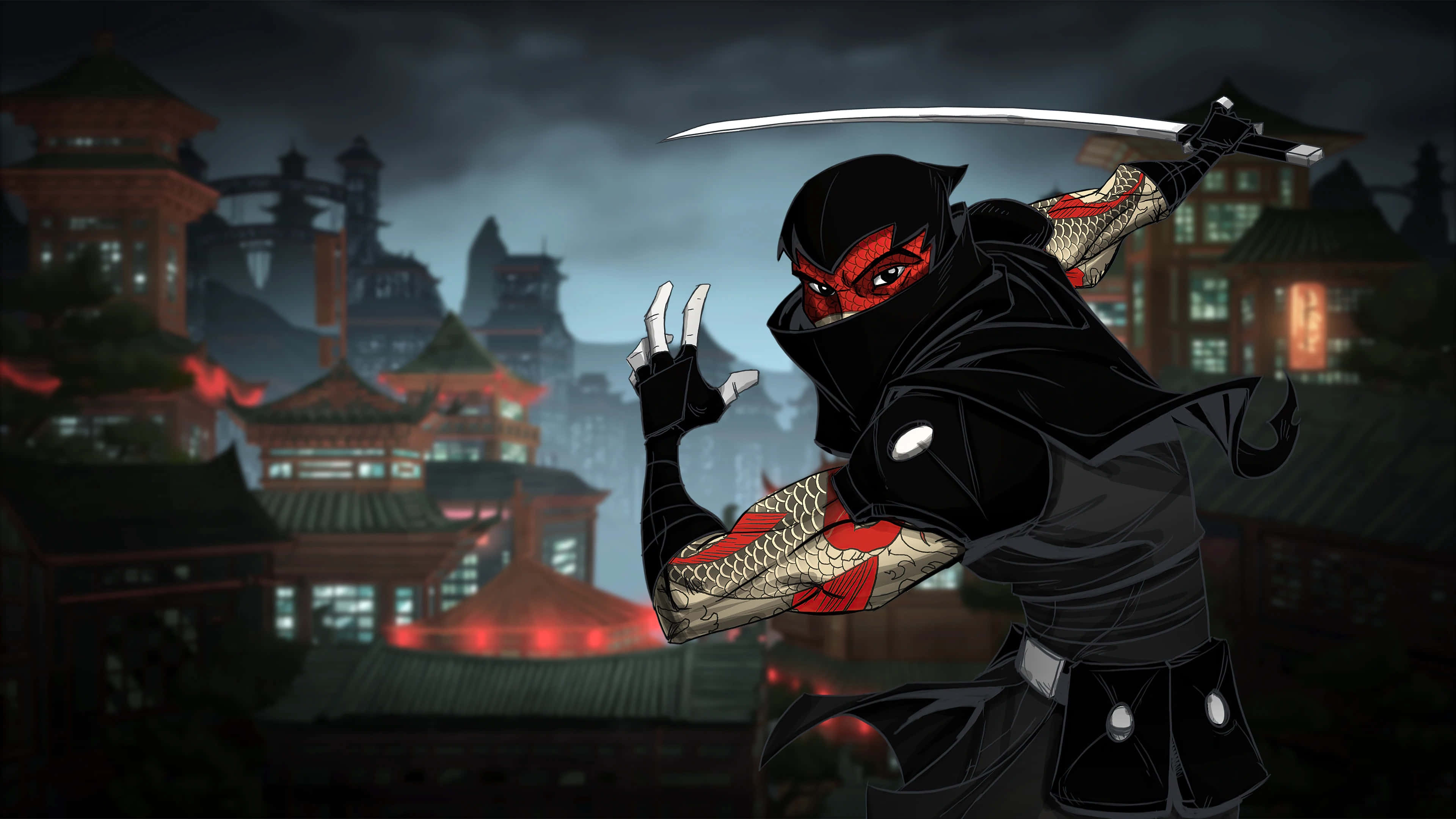 Stealth Games 桌布 壁紙 — 一位紅眼忍者，身上有魚鱗紋身，在霧氣瀰漫的夜晚背景下，揮舞著劍，背景是傳統亞洲屋頂。
