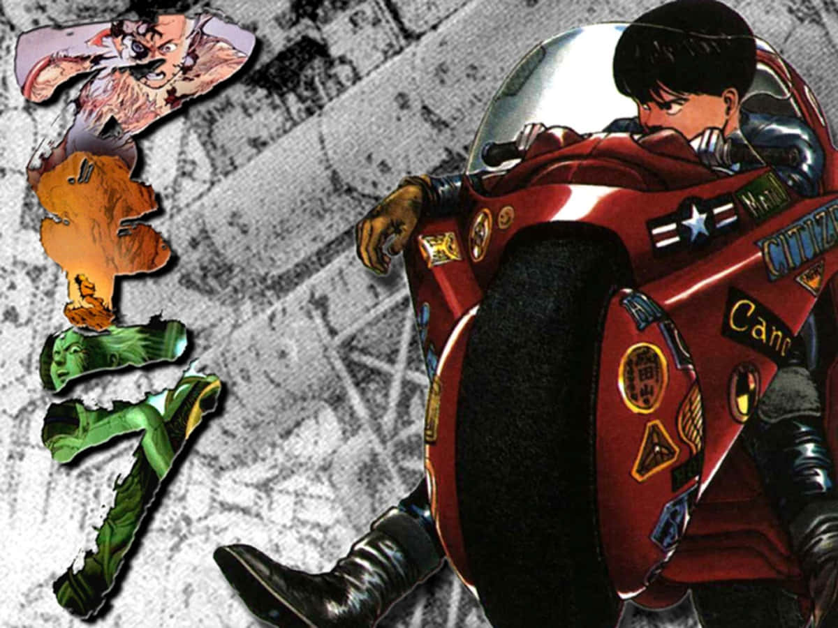 動漫 桌布 壁紙 — 一位紅色摩托車賽車手在轉彎時傾斜，車上有兇猛對手的臉和彩色貼紙，背景是粗糙的城市景觀。