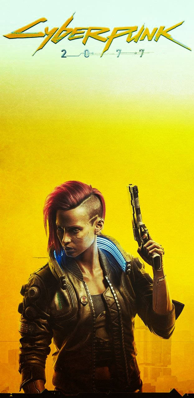 cyberpunk 2077 iPhone 桌布 壁紙 — 一位紅色莫西干頭和發光義體的賽博龐克女性，在漸變黃色天空下握著手槍。