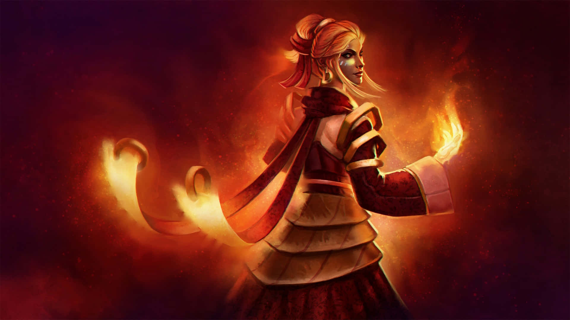 Dota 2 Lina 桌布 壁紙 — 一位紅袍火髮法師正從手中引導發光的火焰，背景是煙霧瀰漫的深紅色。