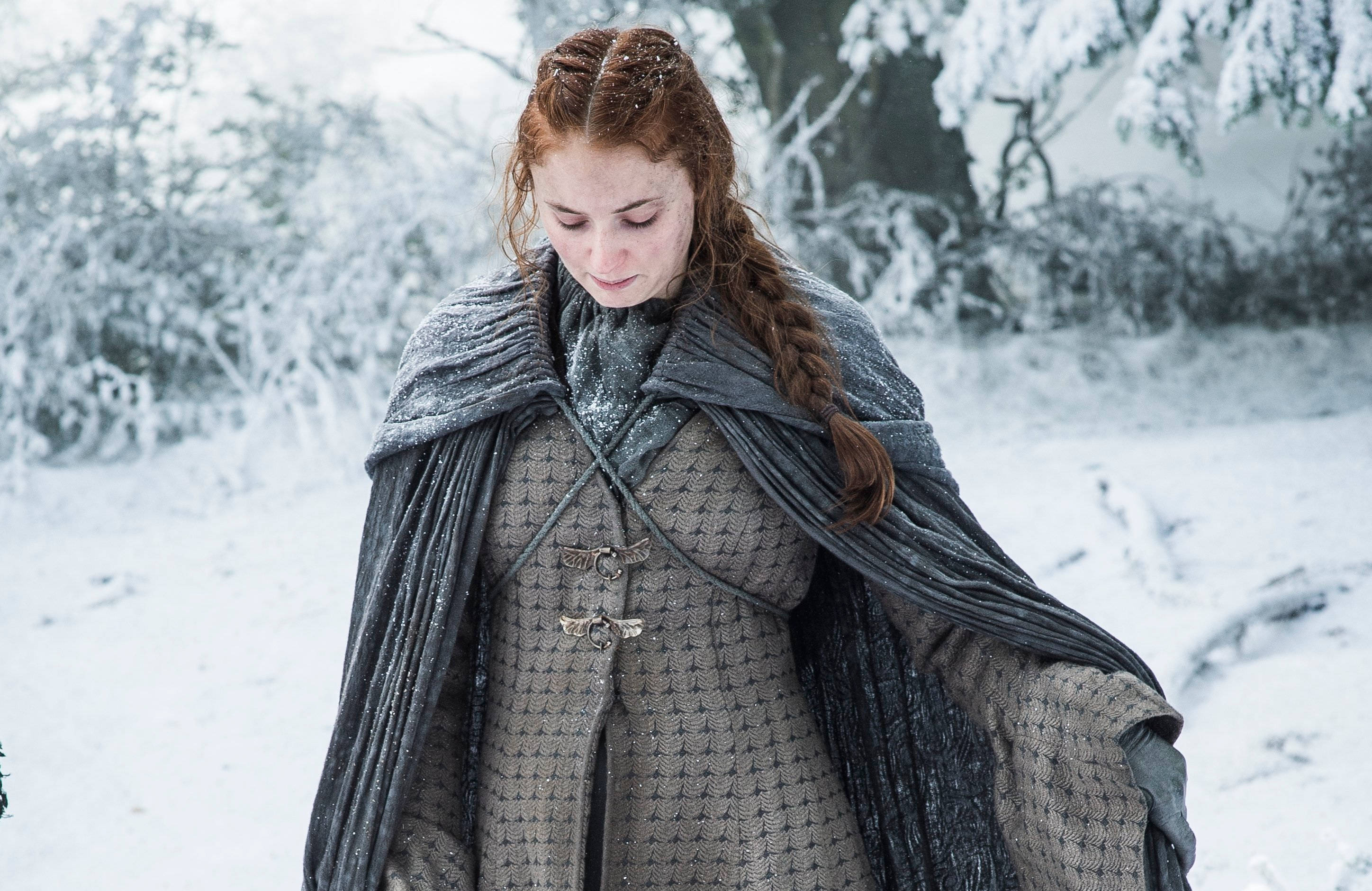 Sansa Stark 桌布 壁紙 — 一位紅辮女子站在雪地森林中，身穿深色斗篷和圖案長袍。