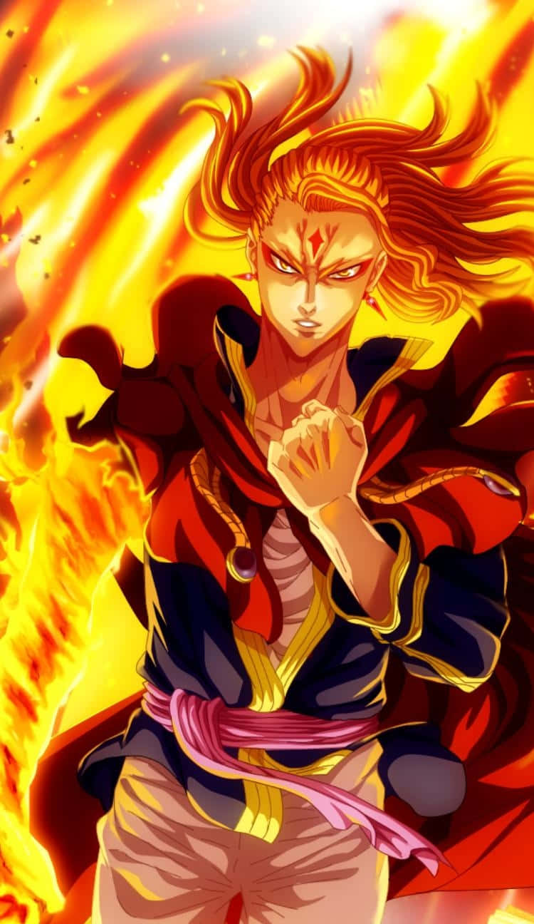 Black Clover Anime 桌布 壁紙 — 一位紅金鎧甲的火焰髮型動畫戰士，在熾熱的橙黃色背景前挑釁地站立。