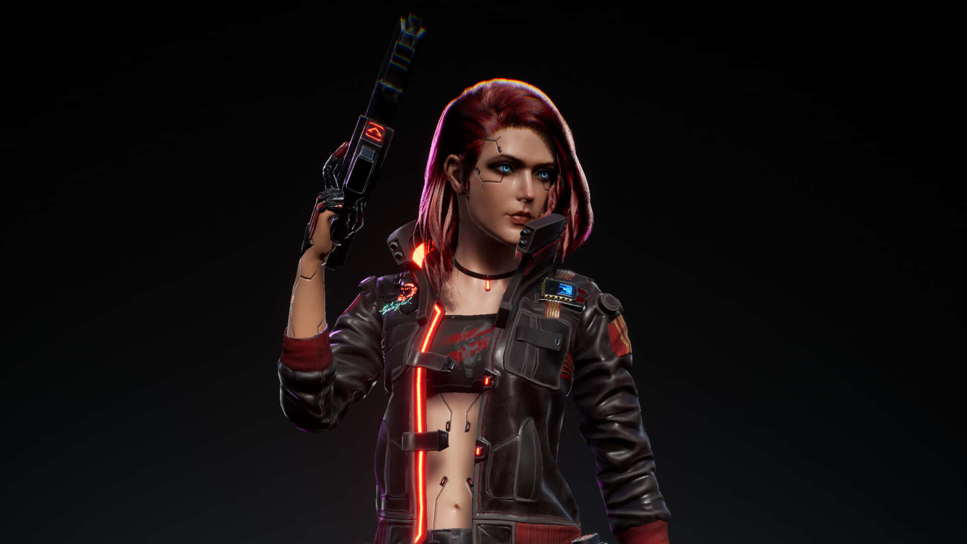 Cyberpunk 2077 Characters 桌布 壁紙 — 一位紅髮、帶有發光義體的賽博龐克女性，在黑暗背景前手持未來手槍。