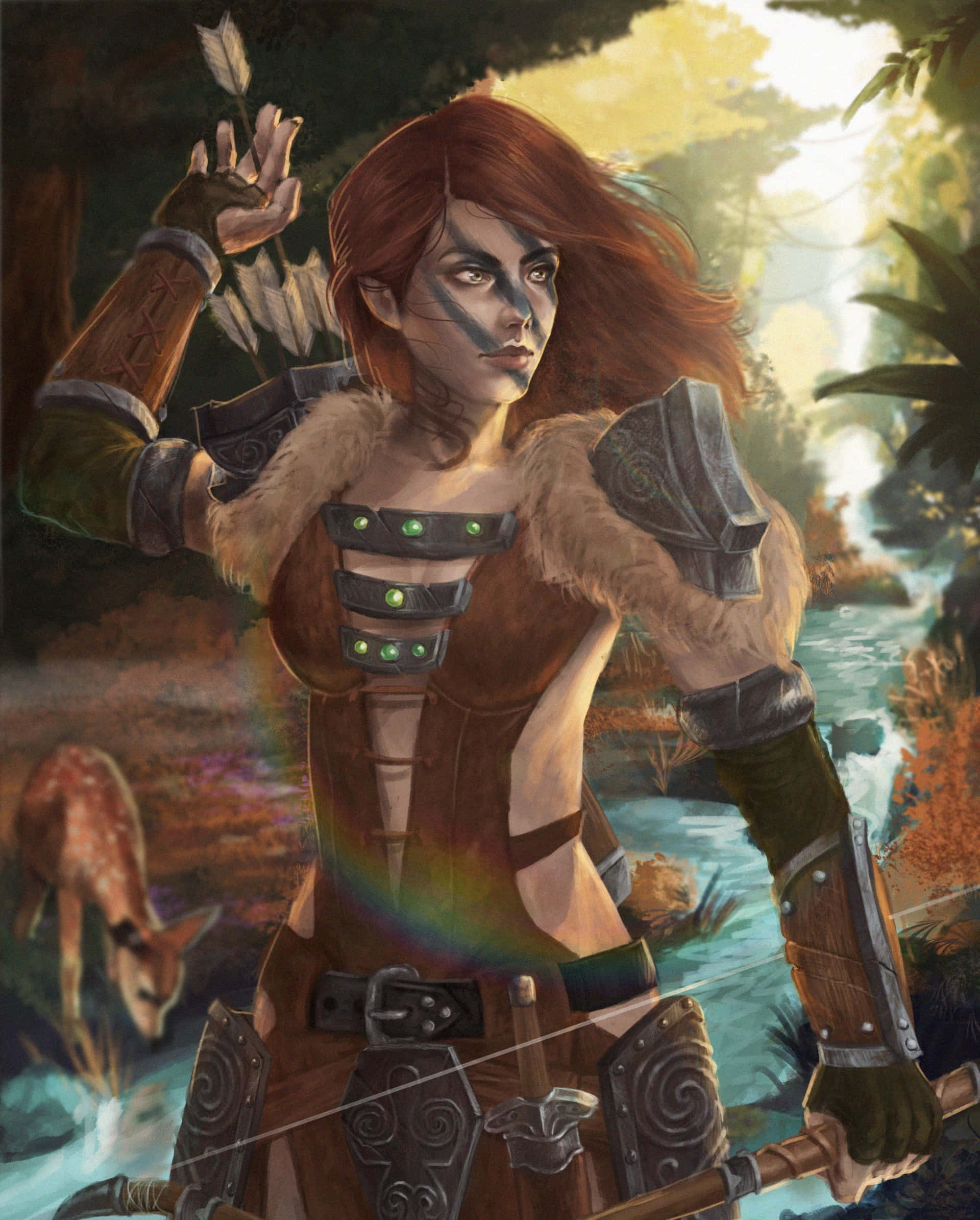 Aela The Huntress 桌布 壁紙 — 一位紅髮、帶有部落標記的兇猛弓箭手站在陽光明媚的森林中，手持一把帶有彩虹箭的弓。