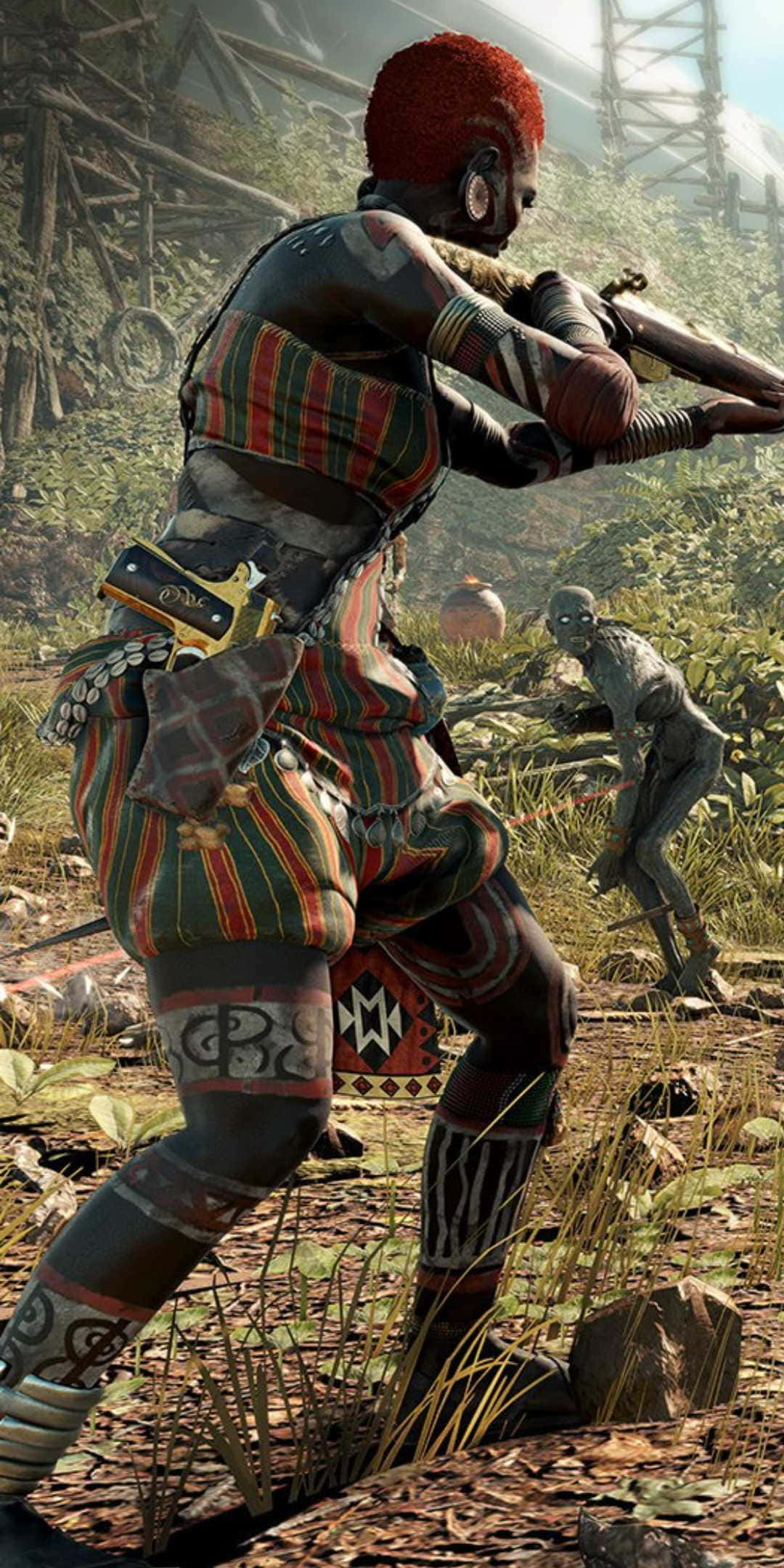 Pixel 3 Strange Brigade 桌布 壁紙 — 一位紅髮、帶有部落紋身的戰士在茂密的叢林空地中瞄準步槍，背景中有一個類似殭屍的身影。