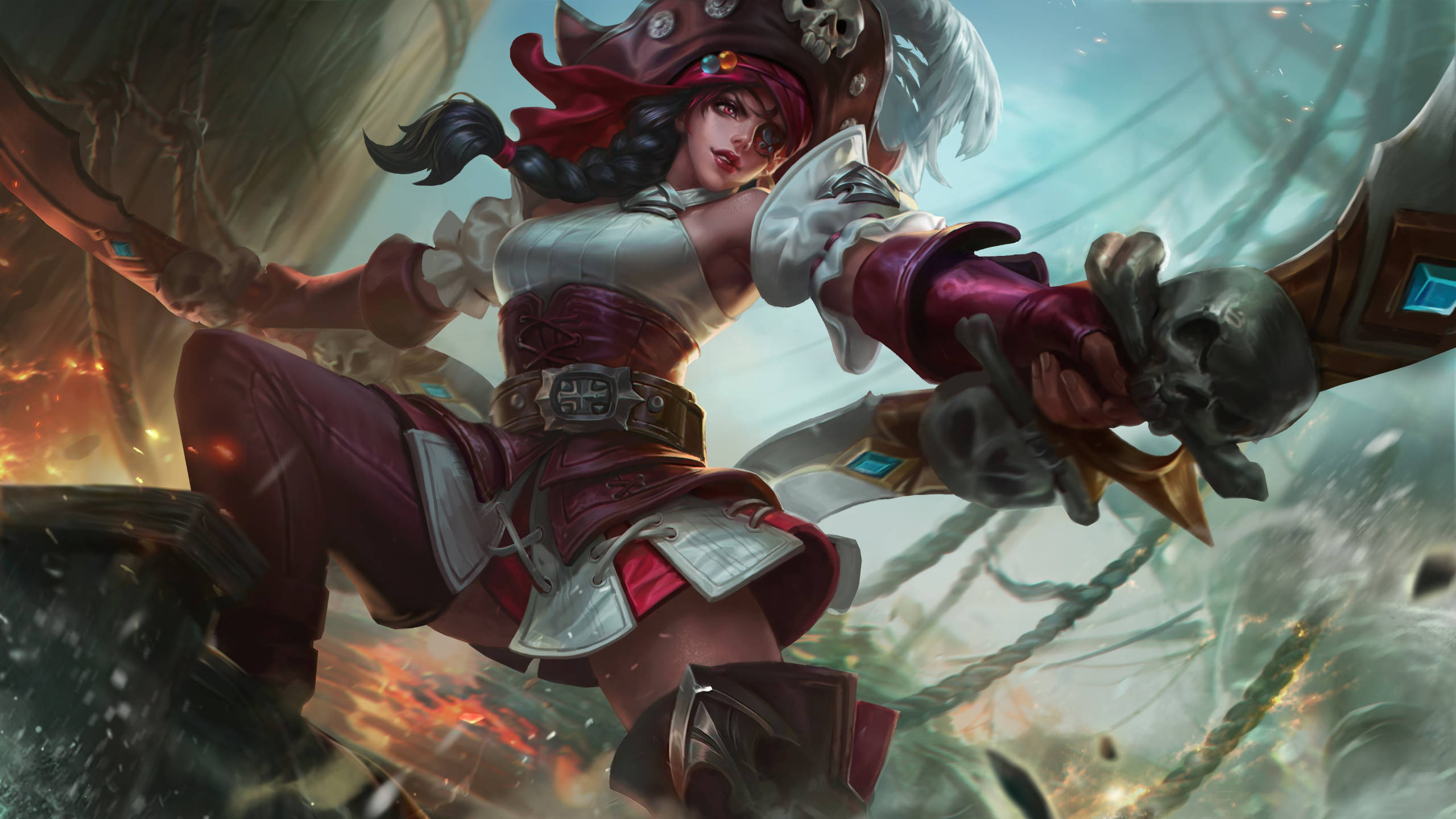Mobile Legends 動態圖 桌布 壁紙 — 一位紅髮、戴著骷髏裝飾帽子的兇猛女海盜，在激烈的戰鬥混亂中揮舞武器。