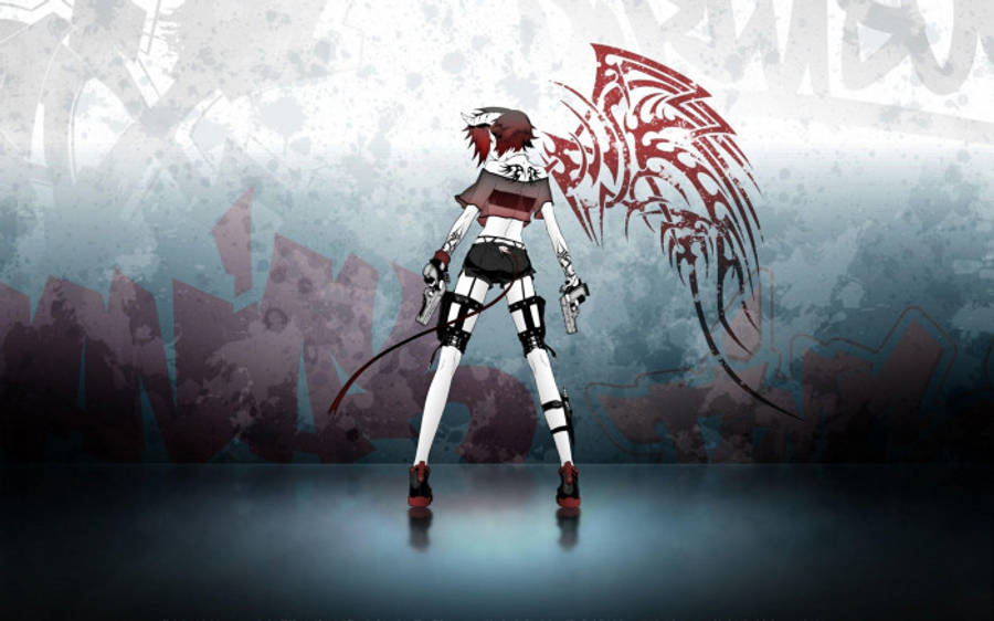 demon boy anime 桌布 壁紙 — 一位紅髮、擁有部落翅膀的動漫女孩，站在骯髒的城市小巷中，手持兩把手槍。