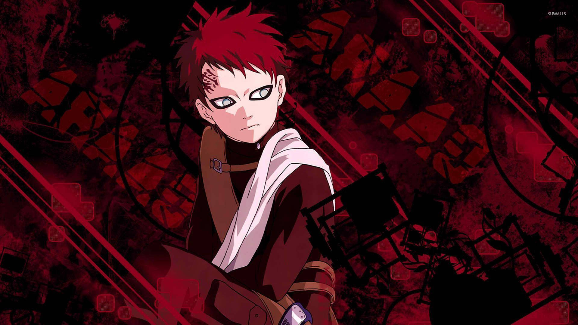 Gaara 桌布 壁紙 — 一位紅髮、白眼、帶疤痕的動漫戰士，在深紅色抽象背景前凝視。