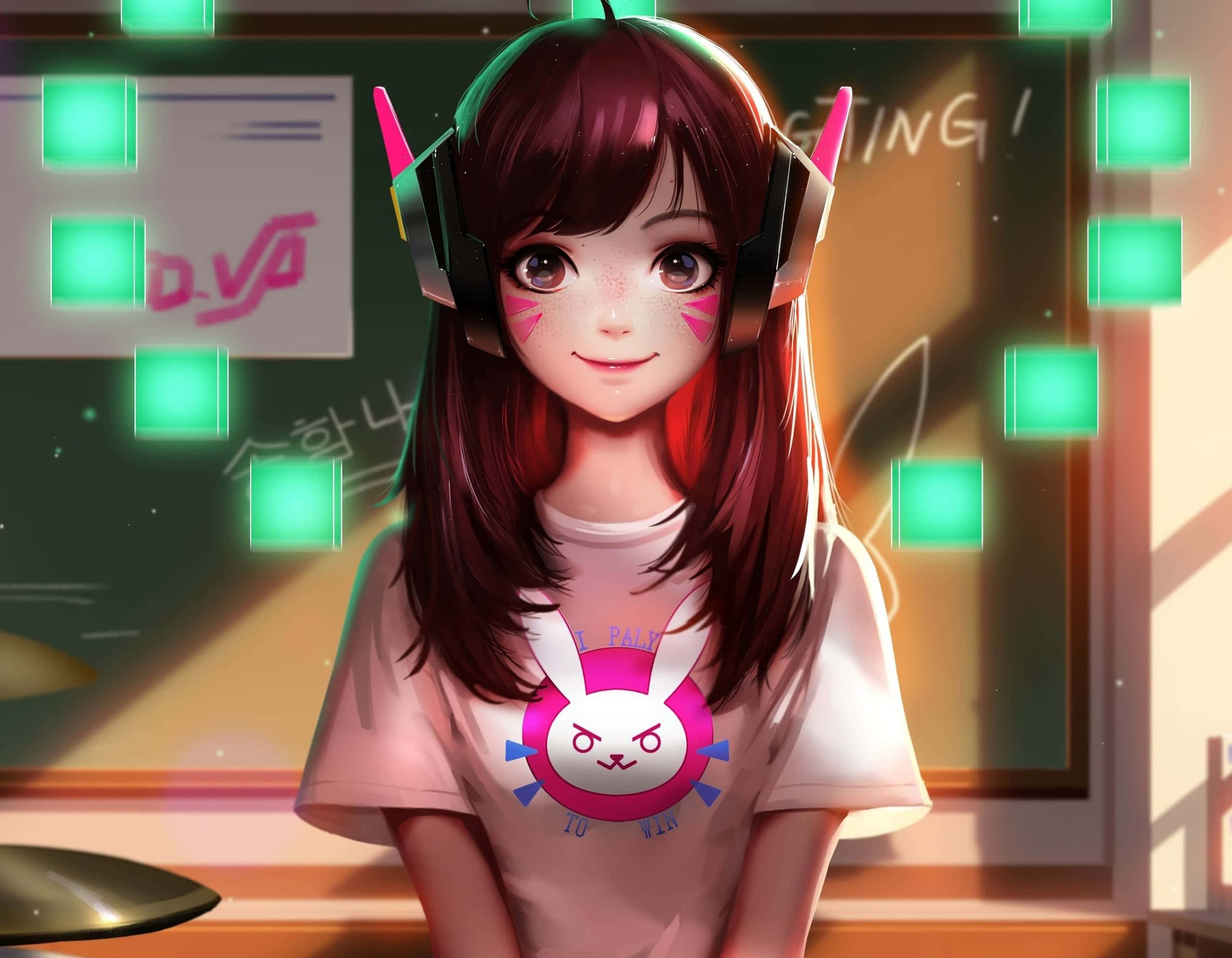 Overwatch D.va 桌布 壁紙 — 一位紅髮、穿著粉紅色兔子襯衫的開朗動漫女孩，在發光的數位房間裡戴著遊戲耳機微笑。