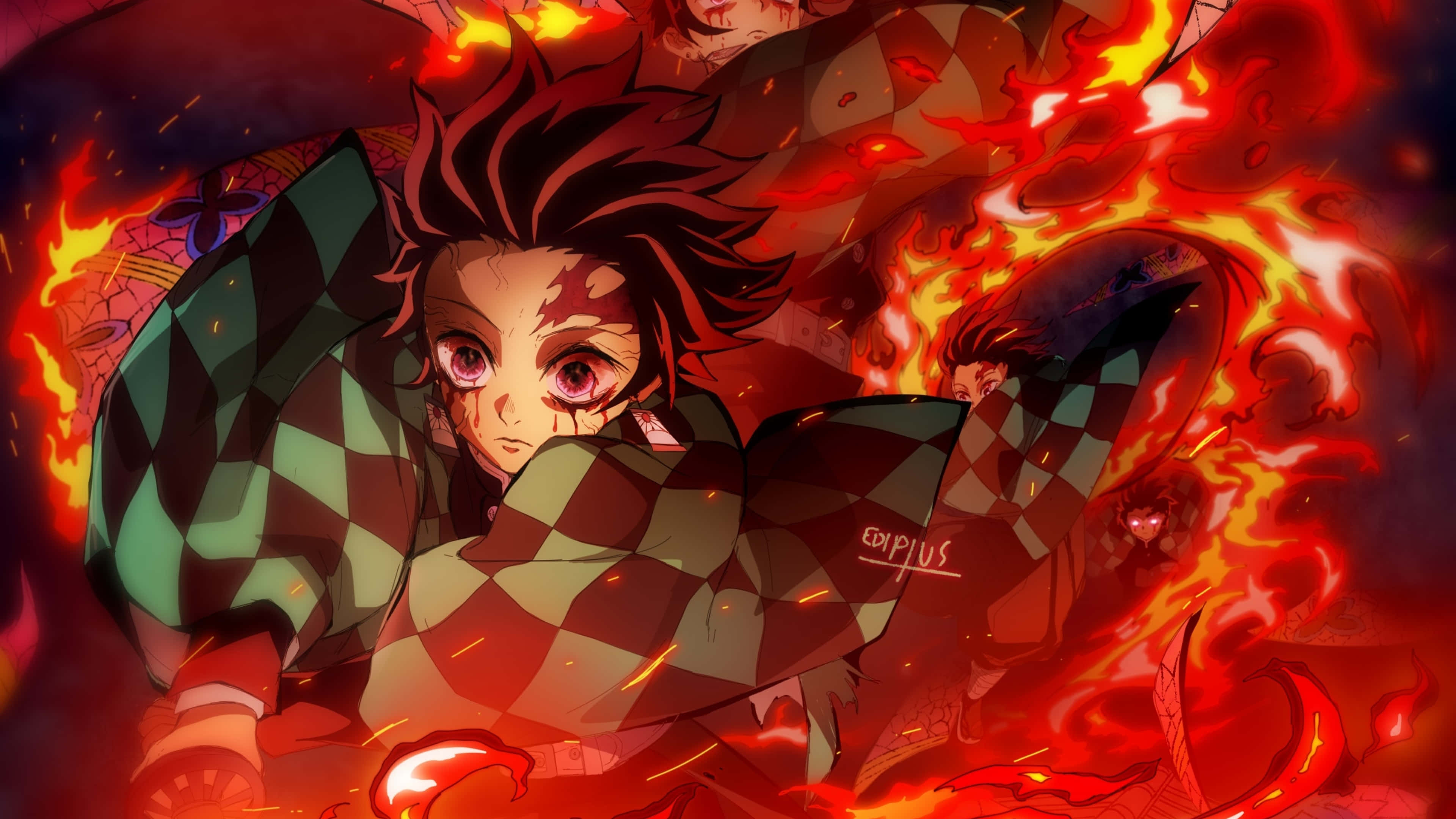 Demon Slayer Manga 桌布 壁紙 — 一位紅髮、身穿格紋和服的熾熱動漫戰士，在動態激烈的場景中與惡魔火焰戰鬥。
