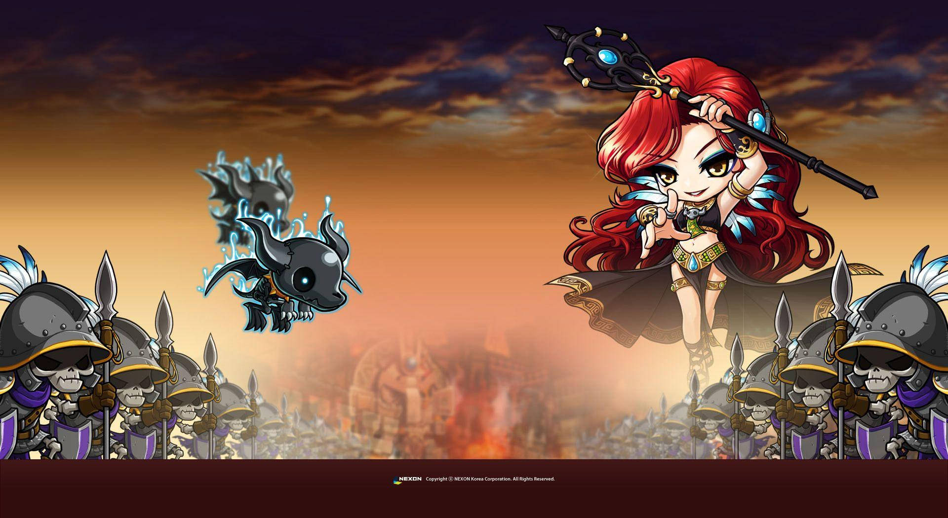 game 桌布 壁紙 — 一位紅髮Q版戰士女王揮舞著法杖，站在骷髏士兵之上，面對著一個漂浮的幽靈惡魔，背景是火紅的日落天空。