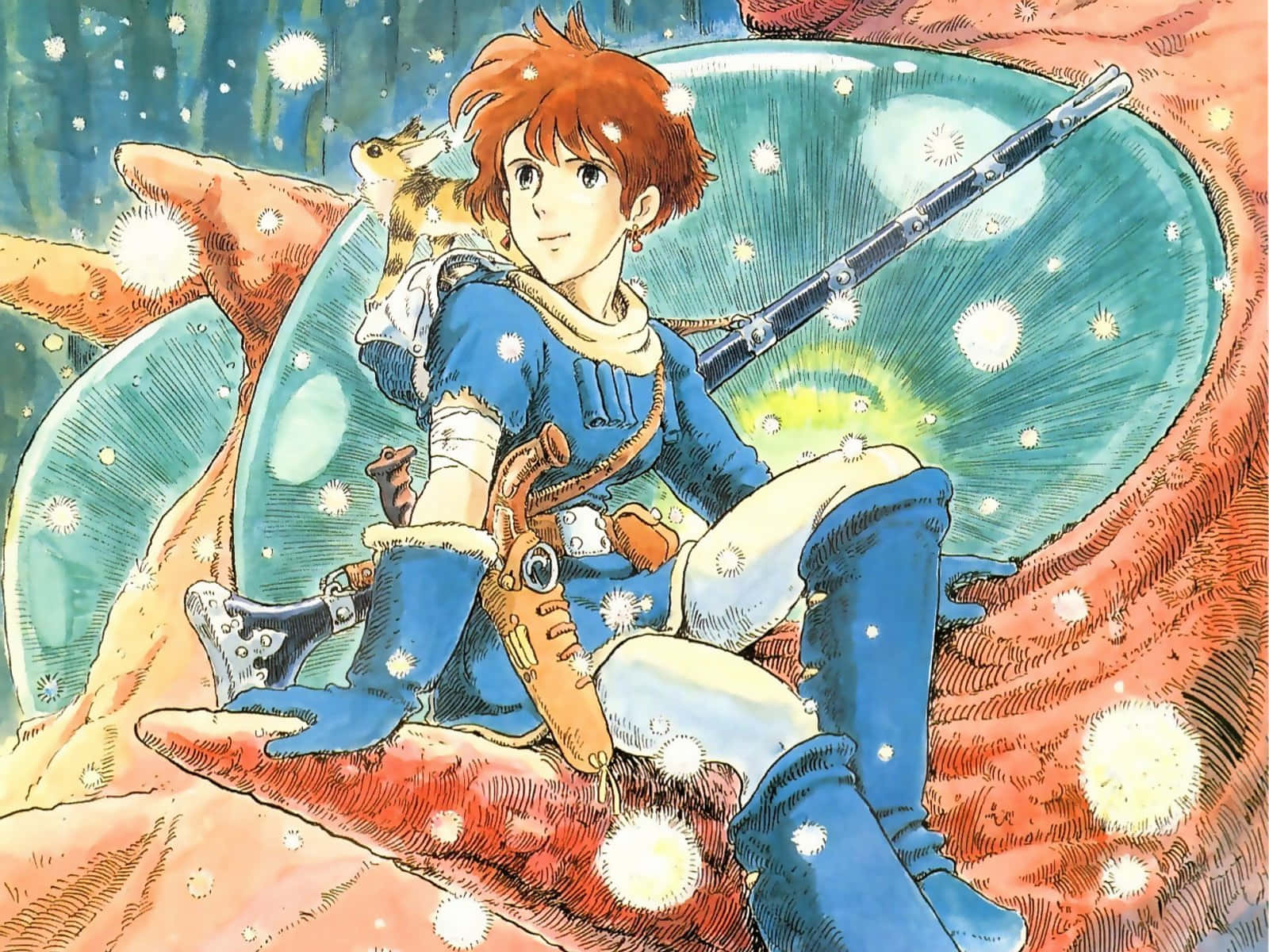 nausicaä of the valley of the wind 桌布 壁紙 — 一位紅髮冒險家身穿藍色盔甲，坐在一隻巨型生物上，手持步槍，周圍環繞著發光的球體和星空。