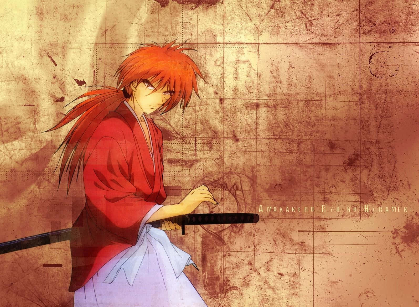 Samurai Anime 桌布 壁紙 — 一位紅髮動漫劍客身穿紅色長袍，手持武士刀，背景是帶有褪色網格線的鏽色紋理牆壁。