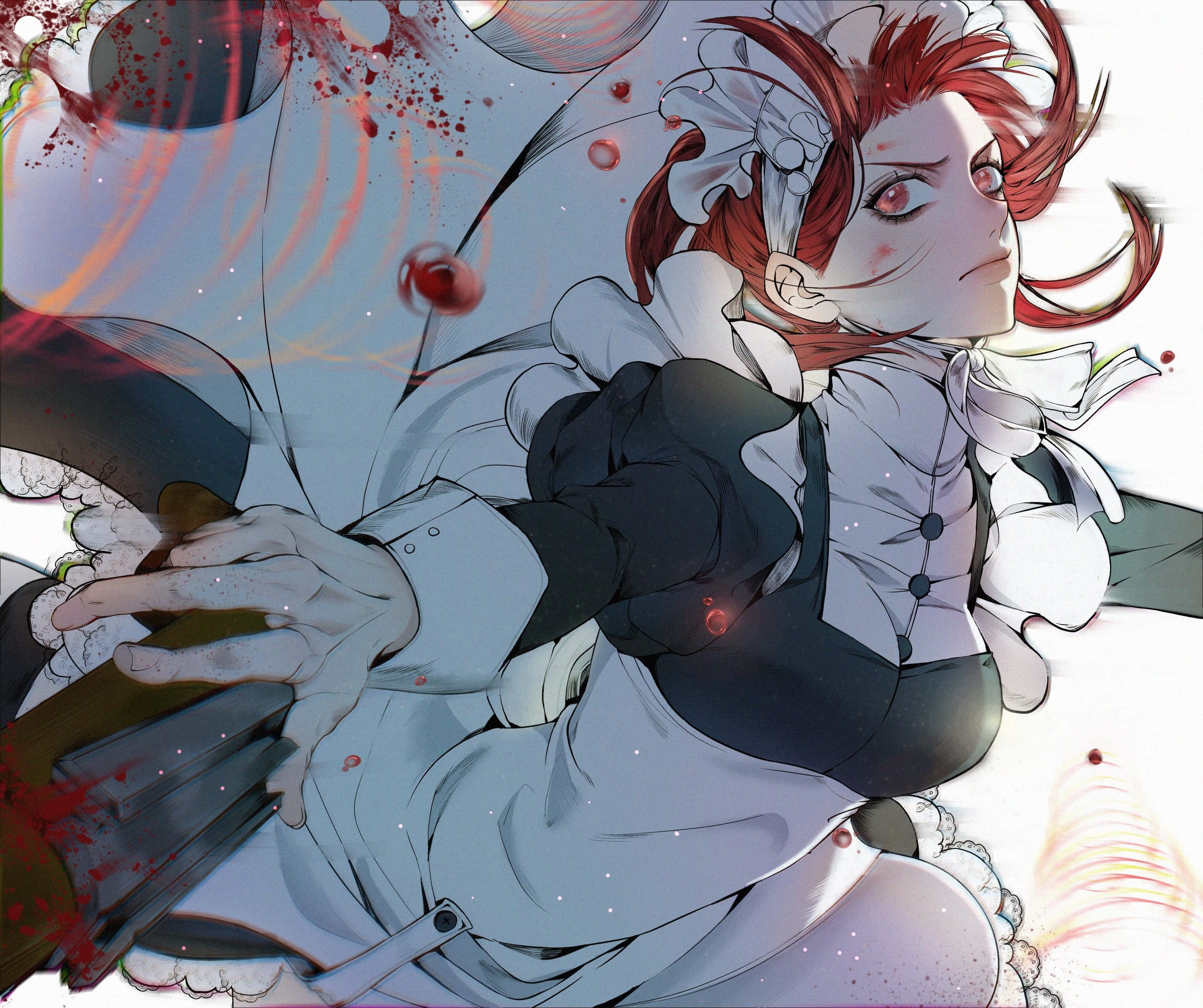 Mey-rin 桌布 壁紙 — 一位紅髮動漫女僕身穿白色制服，在旋轉的紅色飛濺和漂浮球體中手持一把沾血的刀。
