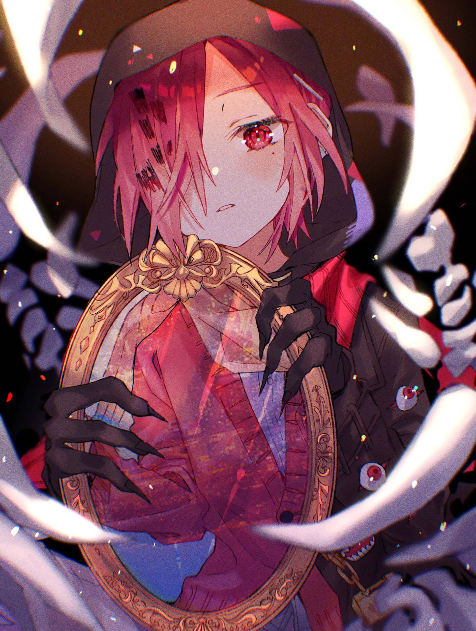 mitsuba sousuke 桌布 壁紙 — 一位紅髮動漫女孩，眼睛發光，手持華麗鏡子，幽靈般的白色觸手在她周圍旋轉，營造出黑暗神秘的場景。