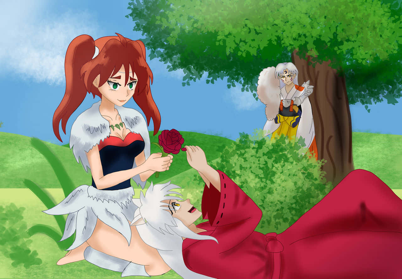 Inuyasha Ayame 桌布 壁紙 — 一位紅髮動漫女孩向躺在草地上的白髮男子獻上一朵玫瑰，而另一人則在樹後觀望。