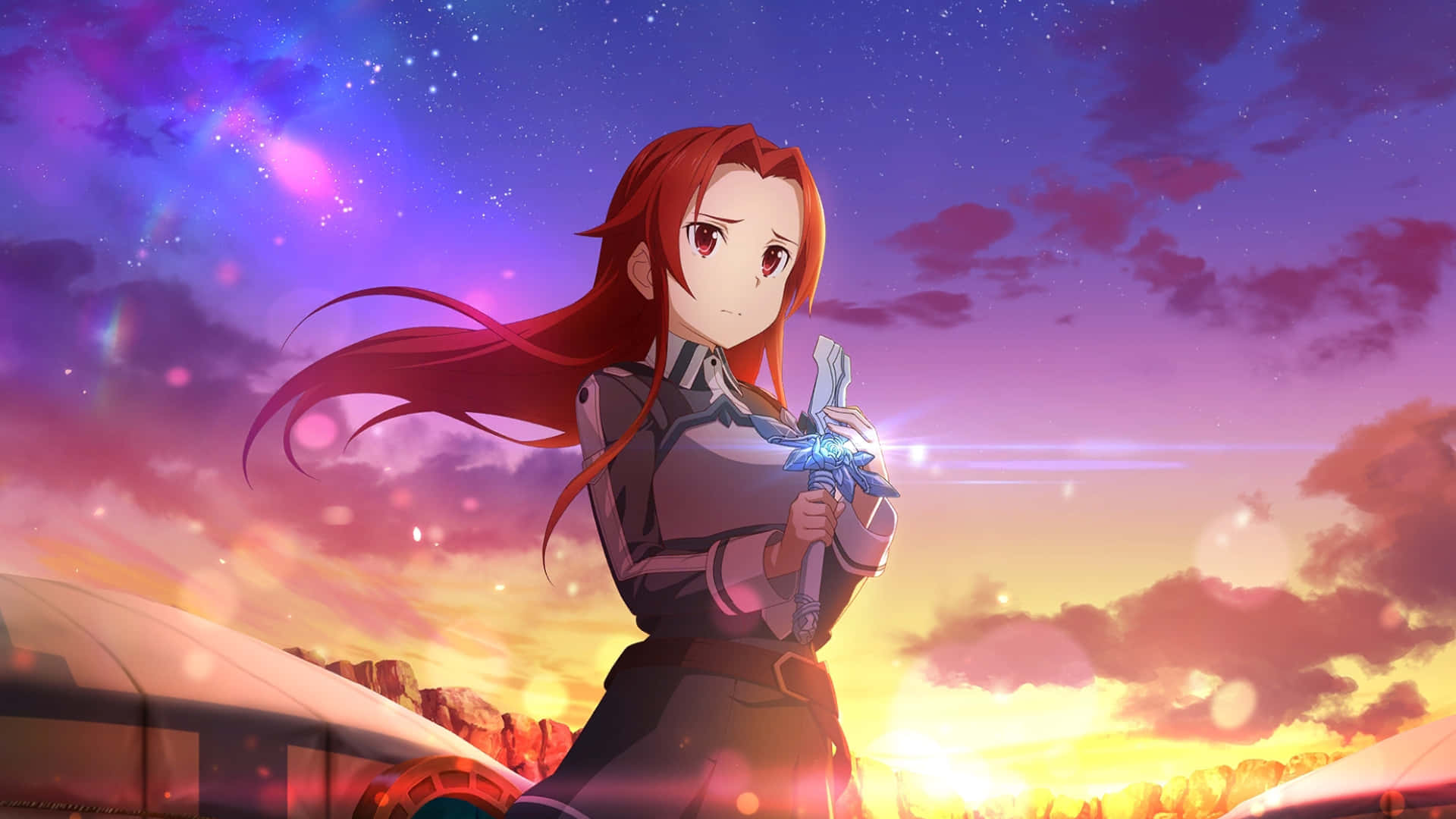 Tiese Schtrinen 桌布 壁紙 — 一位紅髮動漫女孩在充滿紫色雲朵和星星的鮮豔日落天空下，手持發光的劍。
