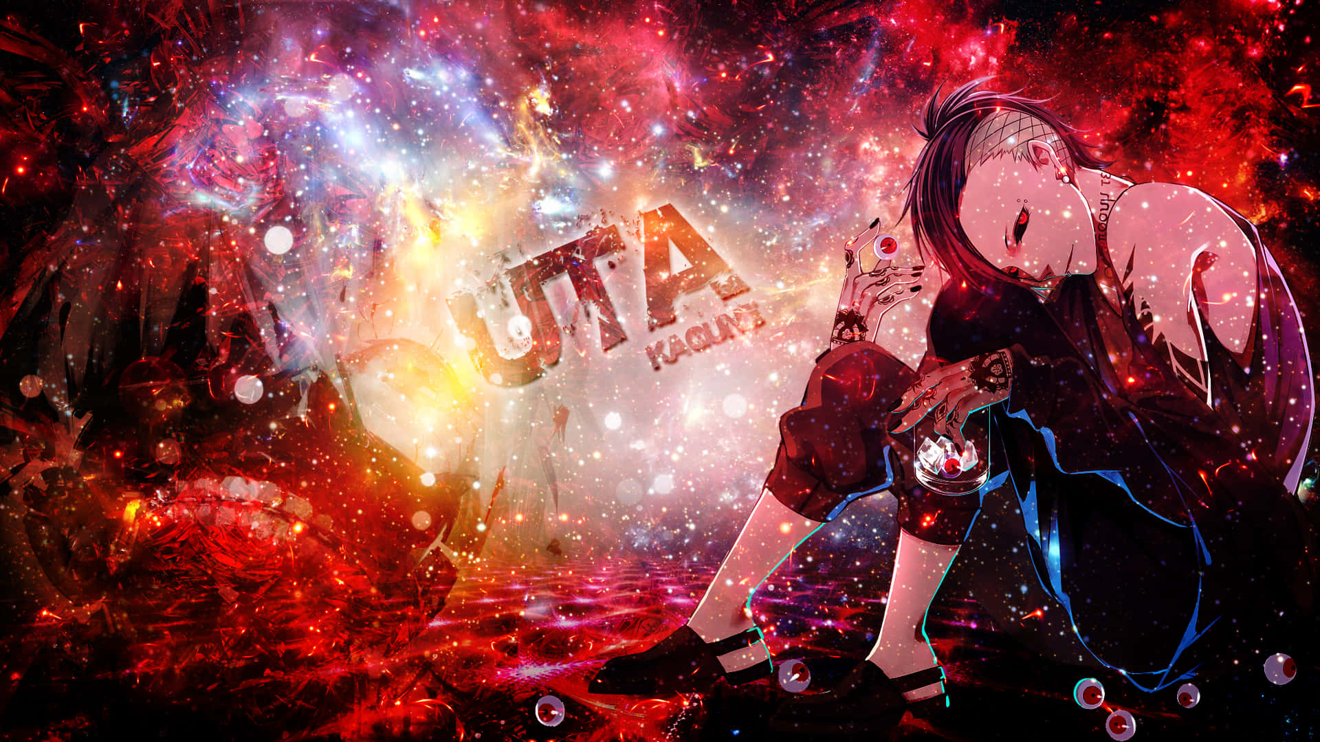 Tokyo Ghoul Uta 桌布 壁紙 — 一位紅髮動漫女孩坐在紅色、金色和藍色的宇宙爆炸中，周圍有發光的粒子和文字 uta kakura。