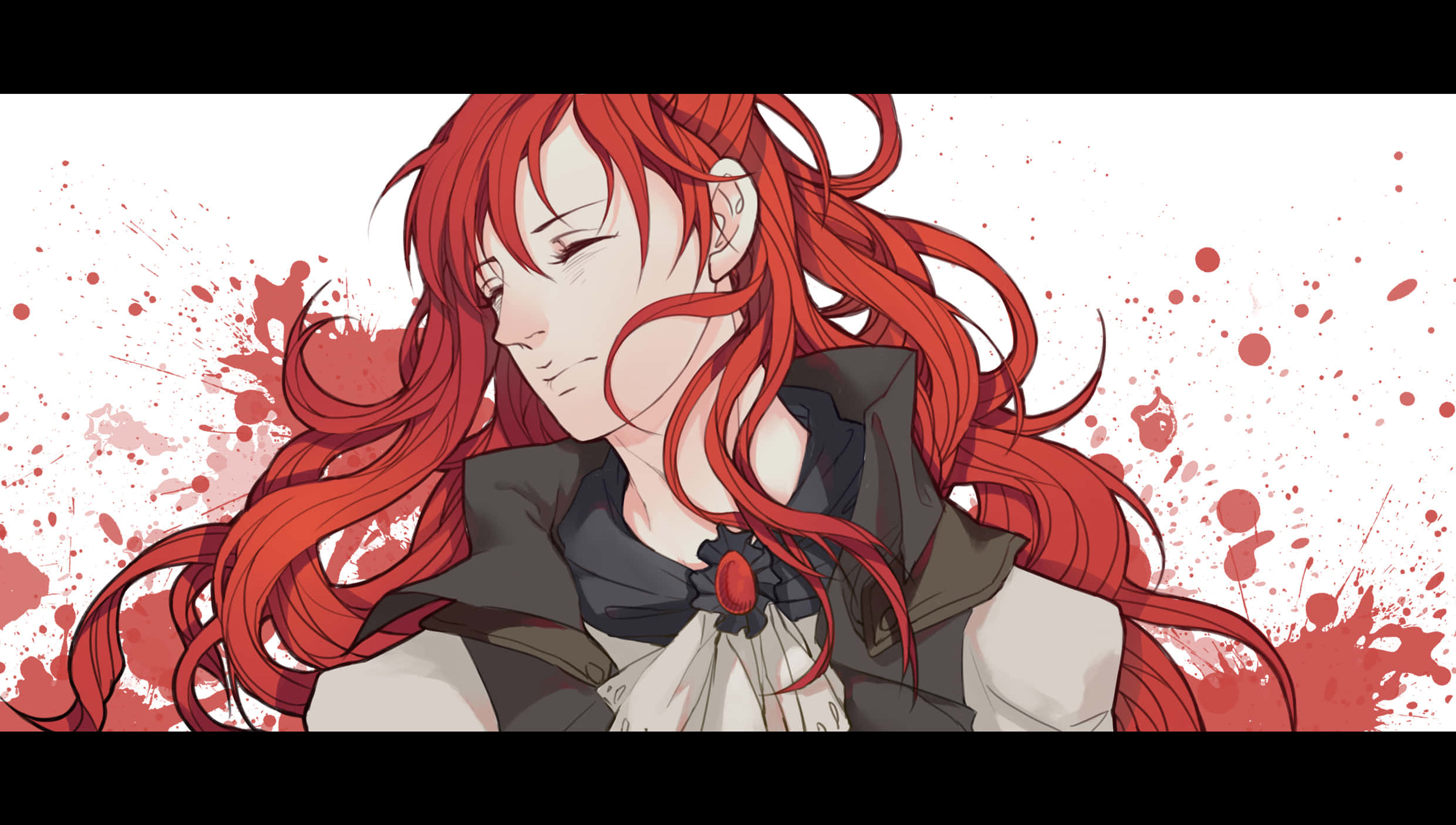 élise De La Serre 桌布 壁紙 — 一位紅髮動漫女孩帶著平靜的表情，被動態的紅色飛濺框在純白背景上。