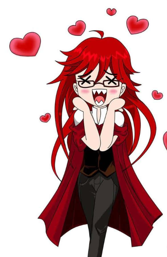 Grell Sutcliff 桌布 壁紙 — 一位紅髮動漫女孩戴著眼鏡和尖牙，被漂浮的心形包圍，頑皮地咧嘴笑。