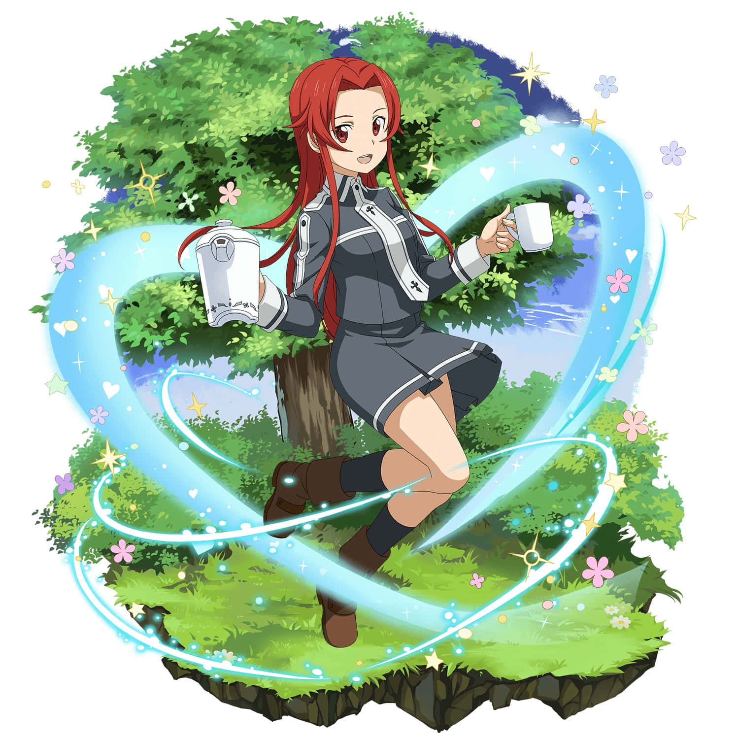 Tiese Schtrinen 桌布 壁紙 — 一位紅髮動漫女孩穿著校服，手持馬克杯和水壺，周圍環繞著發光的藍色魔法漩渦和花朵。
