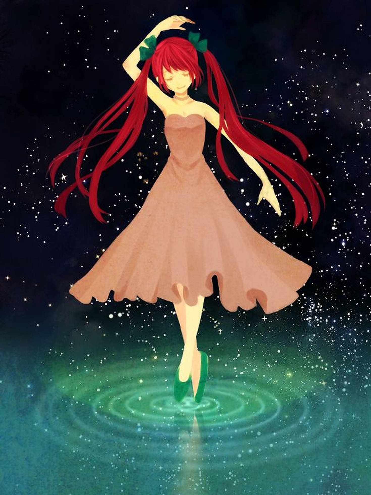 anime dance 桌布 壁紙 — 一位紅髮動漫女孩穿著桃色連衣裙，在星空下閃爍的綠色水波上優雅地跳舞。