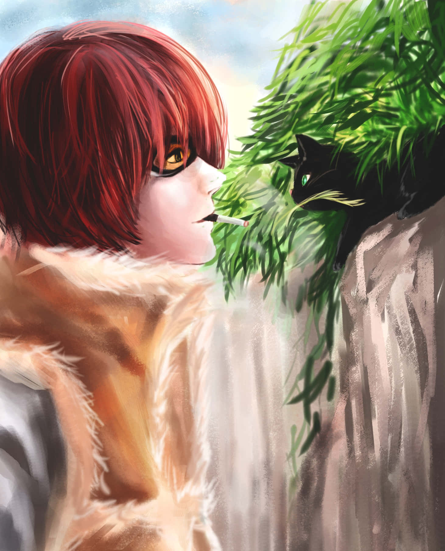 Death Note Matt 桌布 壁紙 — 一位紅髮動漫女孩穿著毛皮大衣抽煙，一隻黑貓從她旁邊的綠色樹葉中探出頭來。