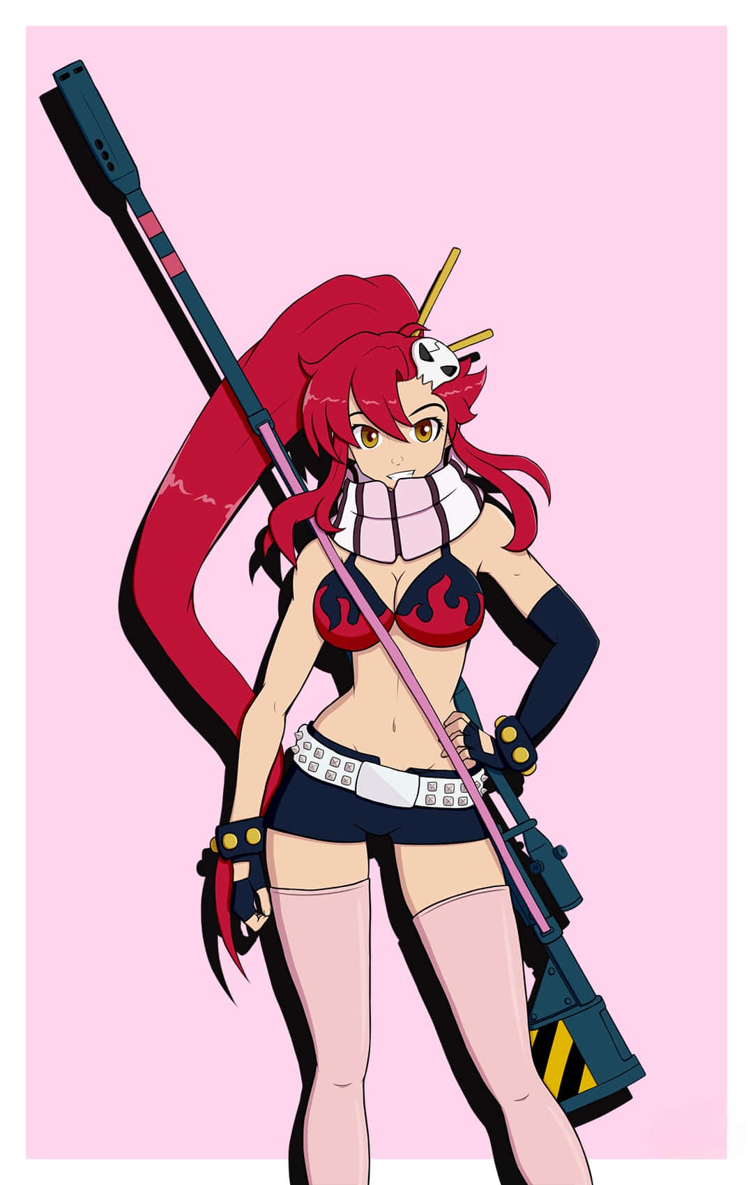 yoko littner 桌布 壁紙 — 一位紅髮動漫女孩穿著火焰圖案比基尼和短褲，在純粉紅色背景前拿著一把大步槍。