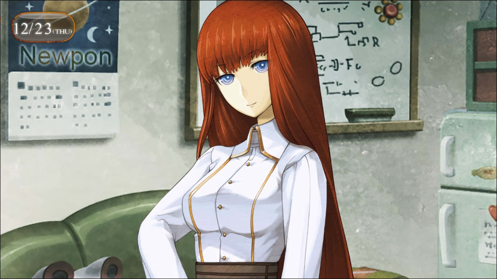 Kagari Shiina 桌布 壁紙 — 一位紅髮動漫女孩穿著白色制服，站在一個雜亂的房間裡，身後有日曆和白板。