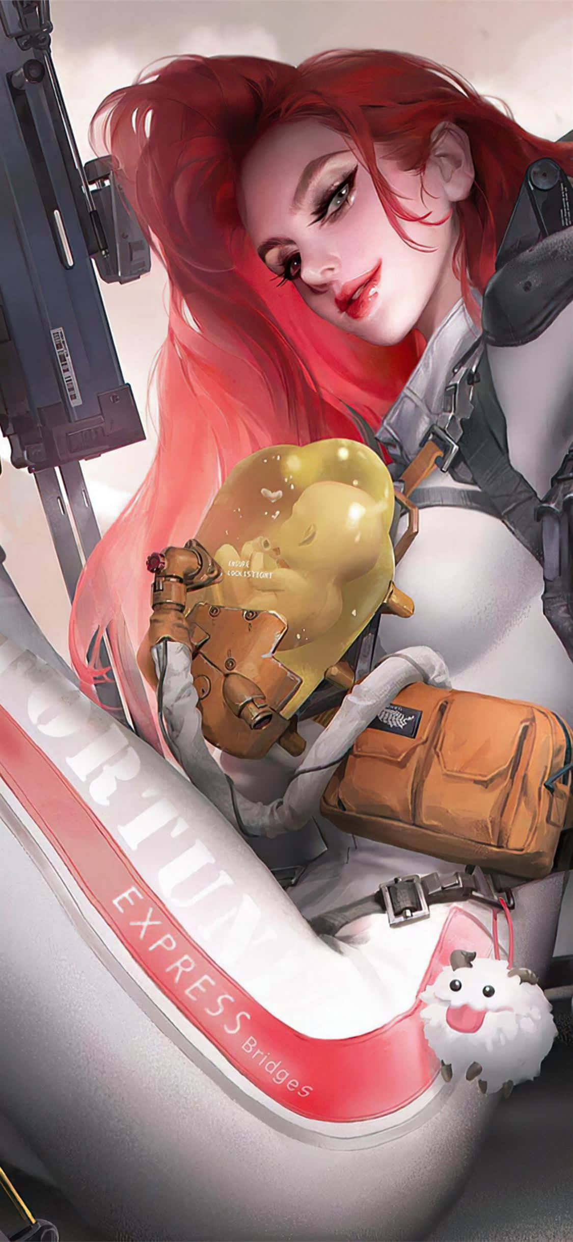 iPhone Xs Death Stranding 桌布 壁紙 — 一位紅髮動漫女孩穿著白色和橙色服裝，抱著一個發光的黃色鴨子絨毛玩具，靠在一輛未來風格的車輛上。