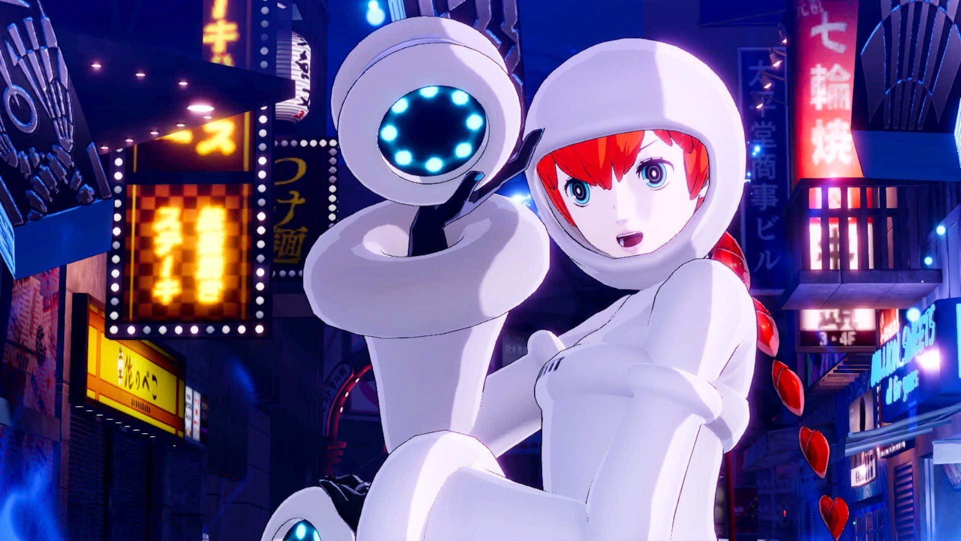 Persona 5 Strikers 桌布 壁紙 — 一位紅髮動漫女孩穿著白色西裝，在霓虹燈照亮的日本城市夜景中手持發光球體。