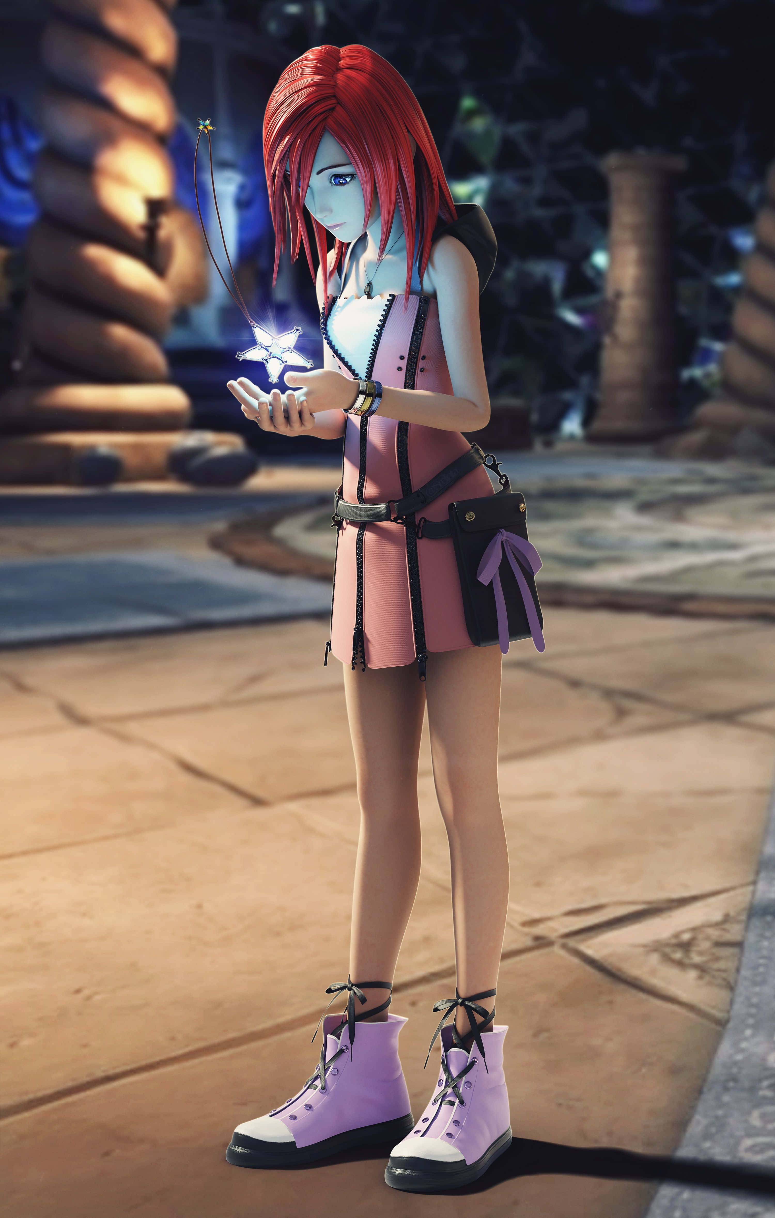 Kingdom Hearts Kairi 桌布 壁紙 — 一位紅髮動漫女孩穿著粉紅色服裝，在夜晚的幻想庭院中手持發光的星形魔法。