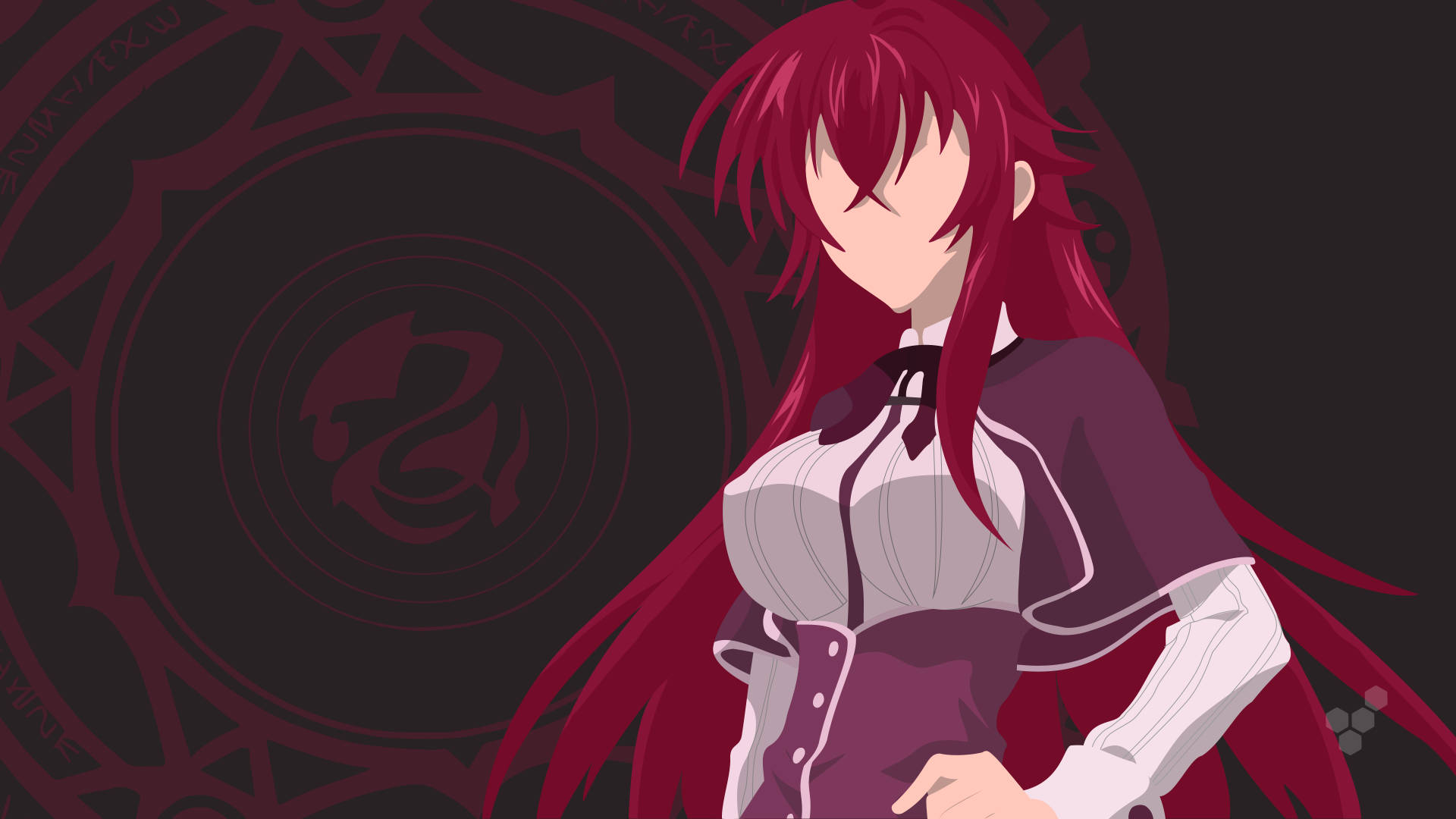 Dxd 桌布 壁紙 — 一位紅髮動漫女孩穿著紫色和白色的服裝，自信地站在黑暗的神秘圓形背景前。