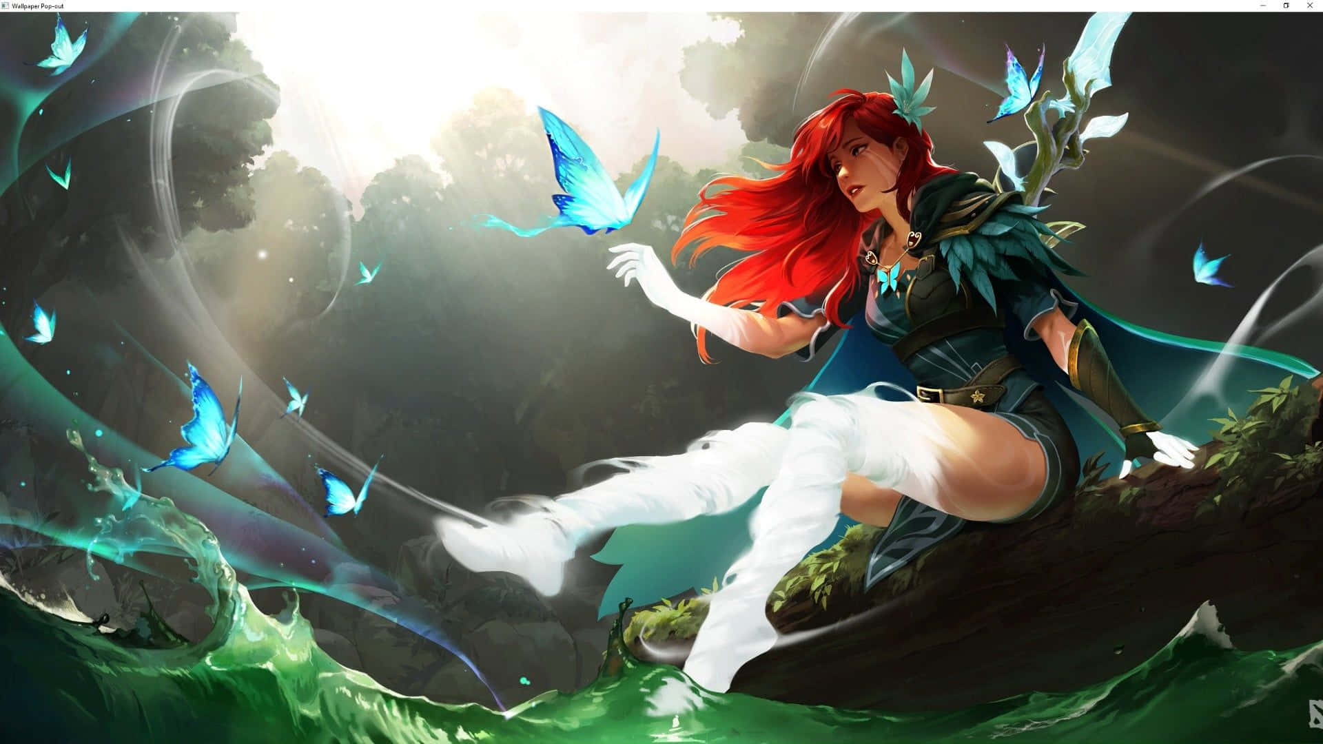 Windranger 桌布 壁紙 — 一位紅髮動漫女孩穿著藍白鎧甲，優雅地坐在長滿苔蘚的懸崖邊，發光的藍色蝴蝶在神秘森林中圍繞她飛舞。