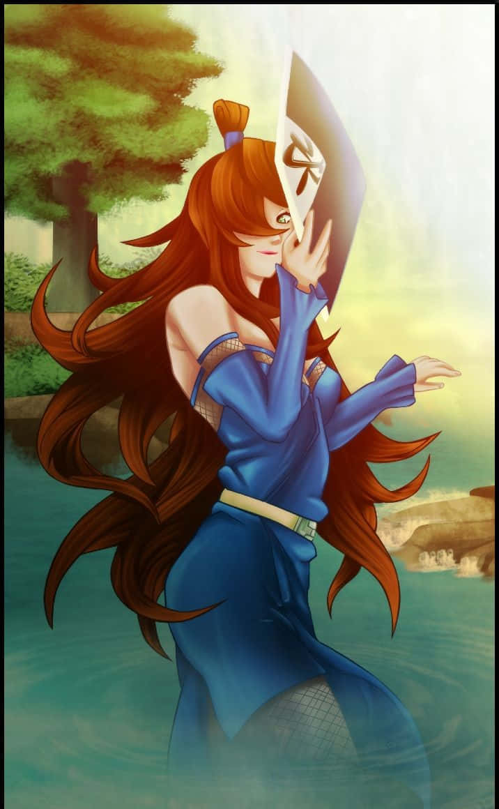 Mei Terumi 桌布 壁紙 — 一位紅髮動漫女孩穿著藍色忍者服裝，在霧氣瀰漫的水邊樹旁揮舞白色面具和劍。