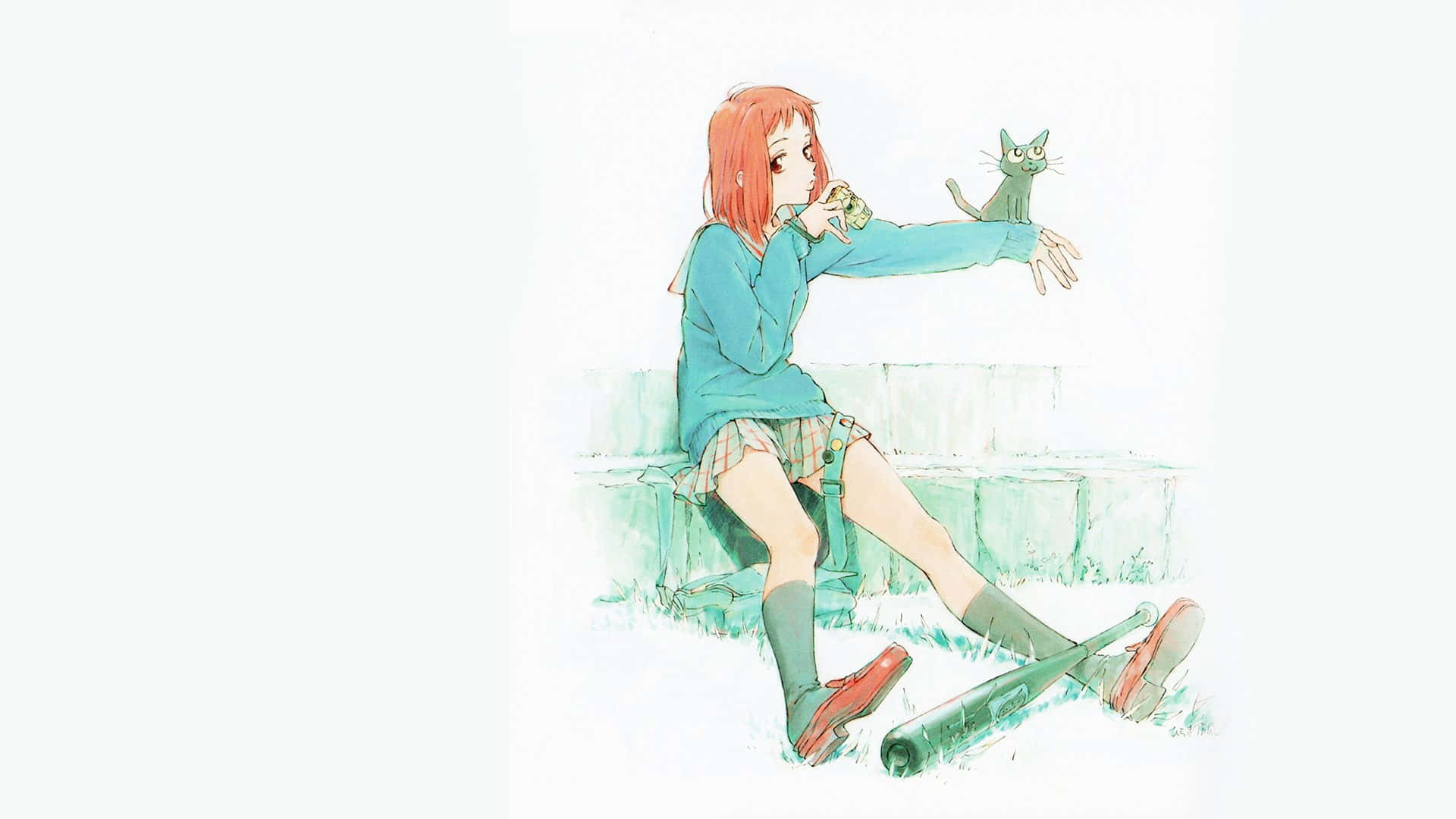 Mamimi Samejima 桌布 壁紙 — 一位紅髮動漫女孩穿著藍色毛衣坐在石階上，向一隻小綠貓遞出零食。