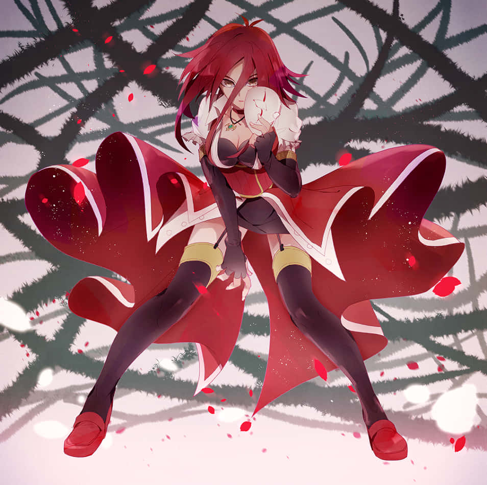 Akiza Izinski 桌布 壁紙 — 一位紅髮動漫女孩穿著飄逸的紅色斗篷，在飄落的花瓣和黑暗的樹枝中手持一個白色頭骨。