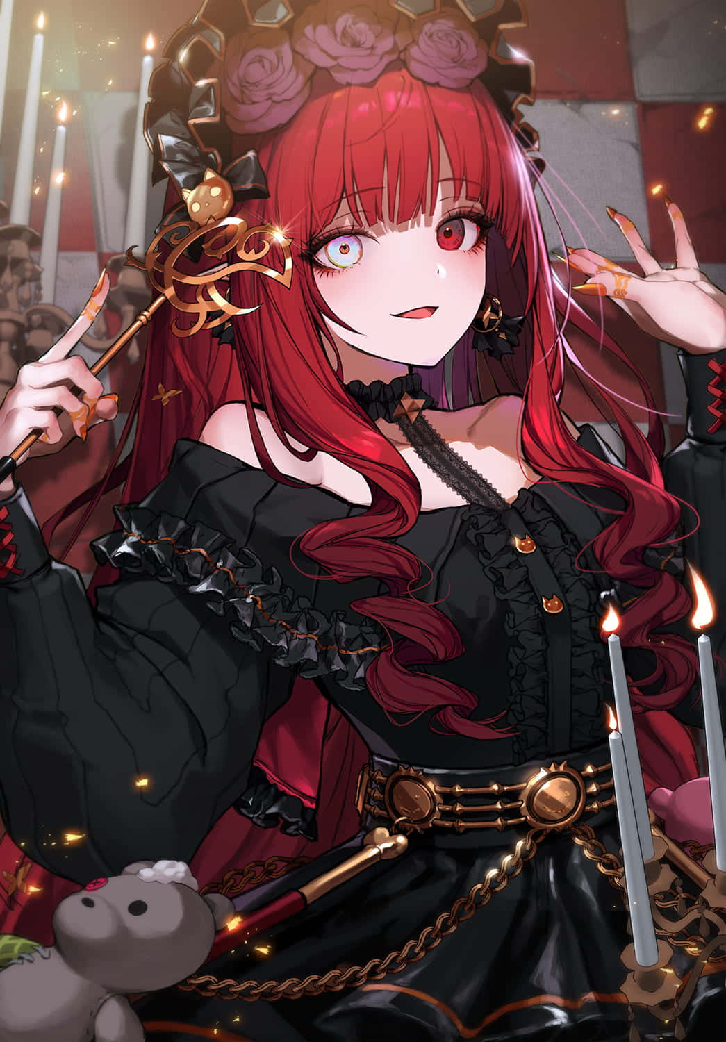 Gothic Costumes 桌布 壁紙 — 一位紅髮動漫女孩穿著黑色哥德式連衣裙，在燭光搖曳的昏暗房間裡手持燭台和匕首。