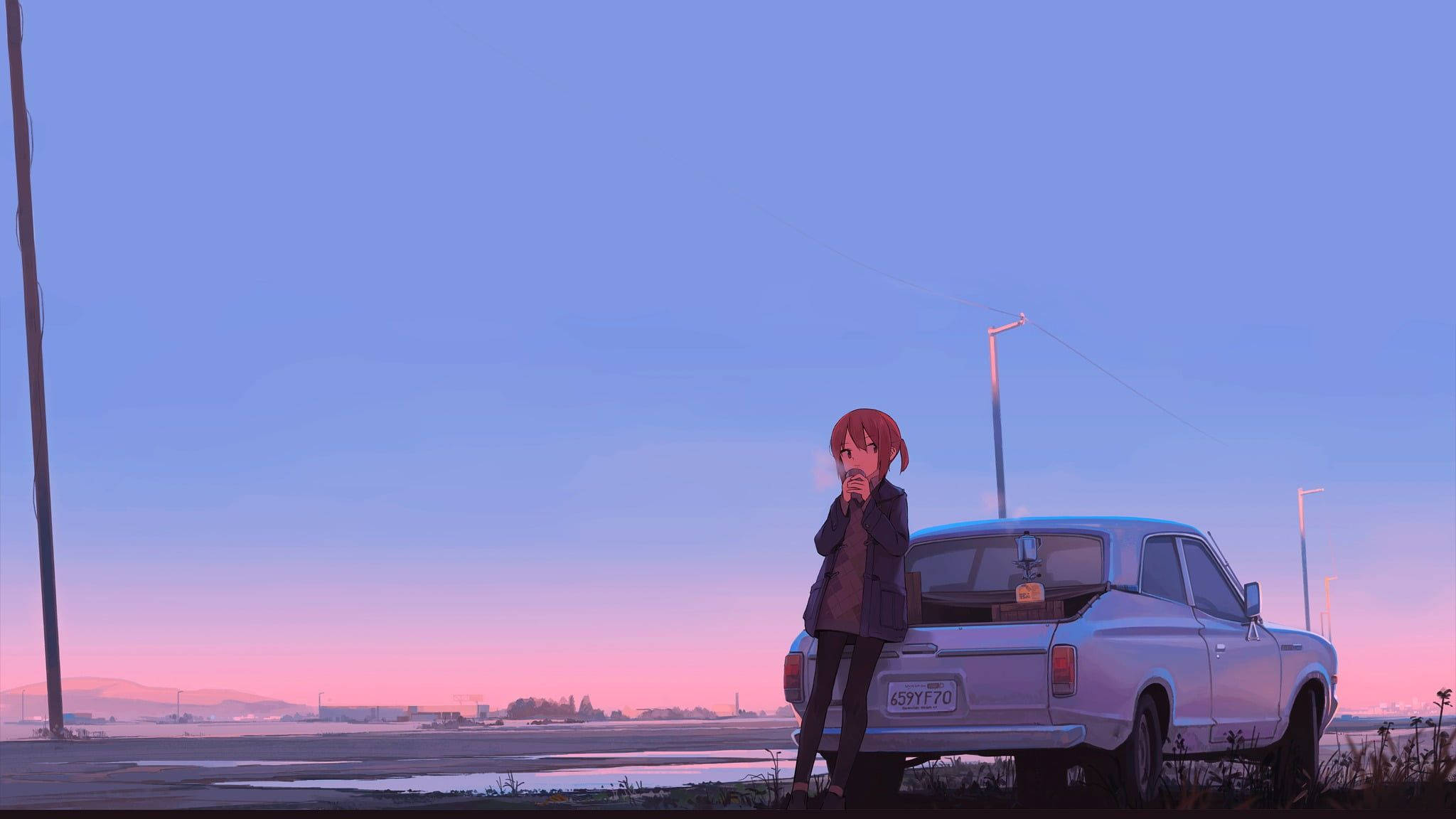 Chill Anime 桌布 壁紙 — 一位紅髮動漫女孩站在一輛復古銀色汽車旁，背景是帶有粉紅和藍色漸變的暮色天空。