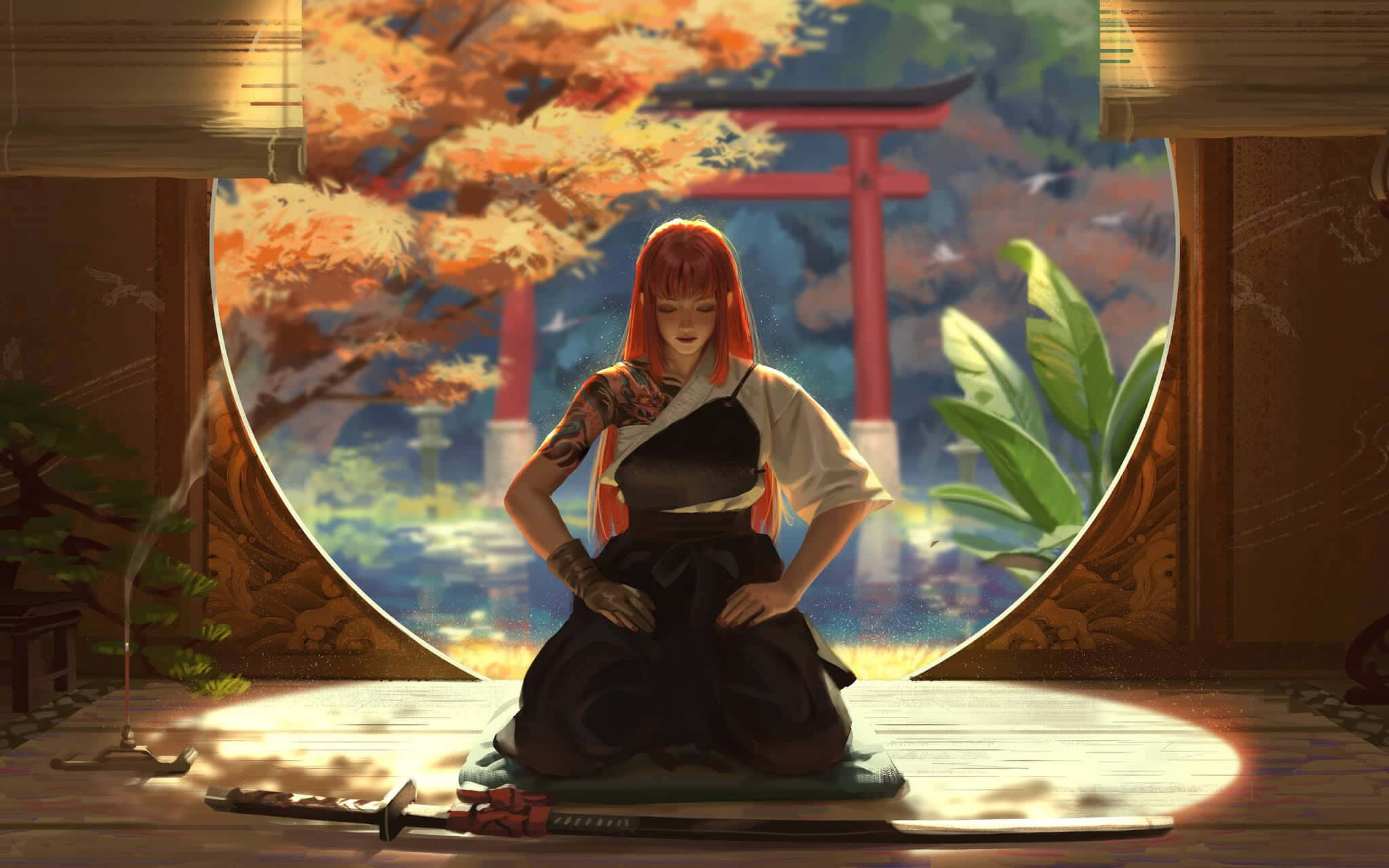 Concentration 桌布 壁紙 — 一位紅髮動漫少女穿著傳統服飾，跪在木造房間內，透過圓形窗戶凝視著充滿活力的秋日神社。