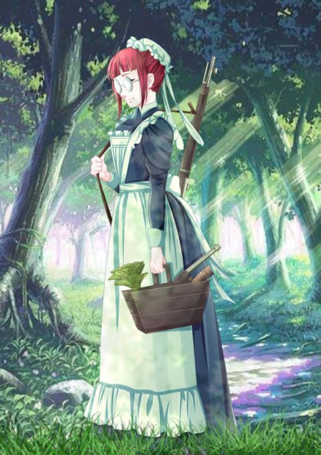 Mey-rin 桌布 壁紙 — 一位紅髮動漫少女穿著女僕裝，在陽光普照、有發光紫色小徑的森林中提著籃子和步槍。